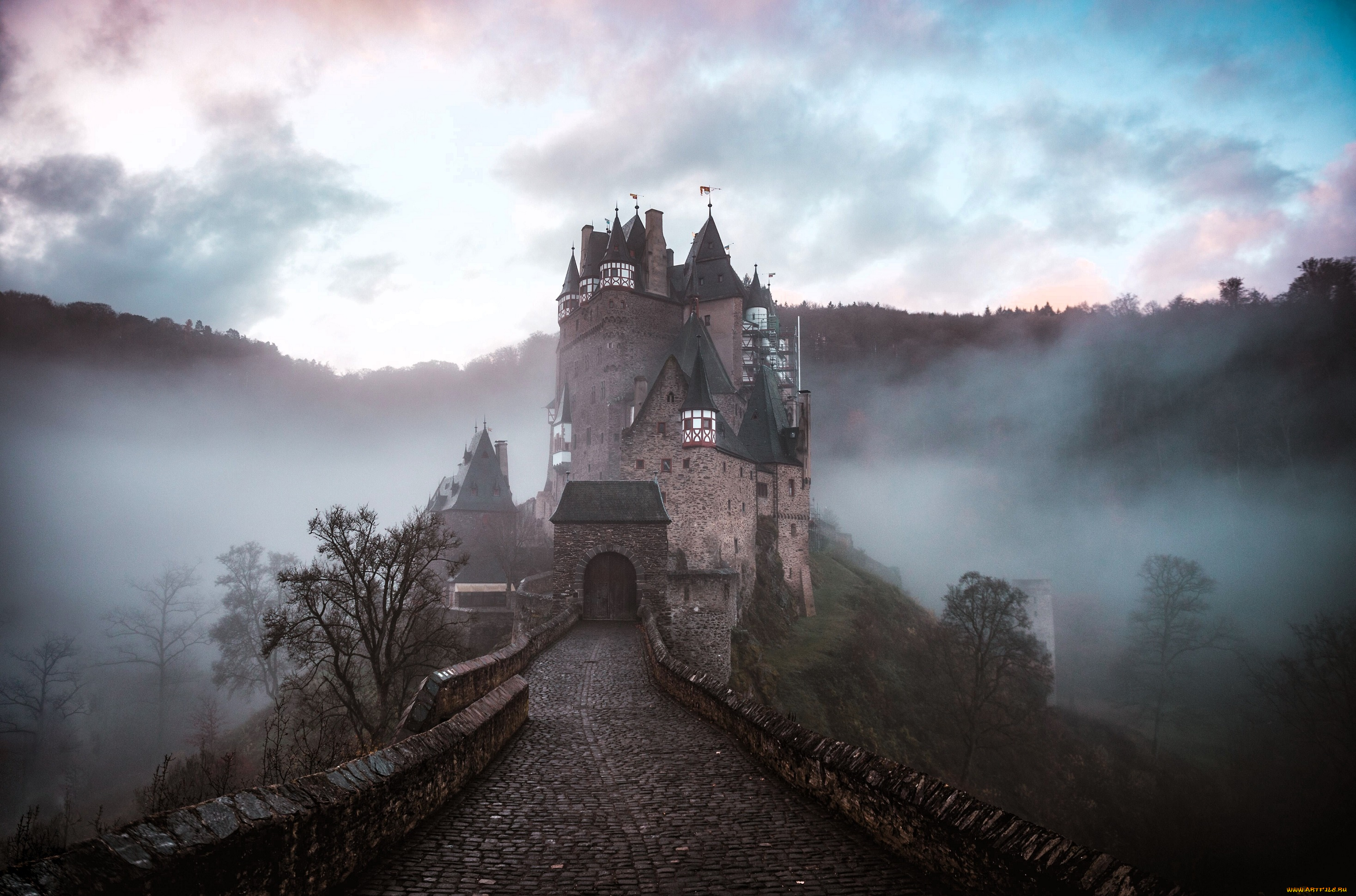 города, замок, эльц, , германия, тучи, туман, горы, замок, дорога, мост, деревья