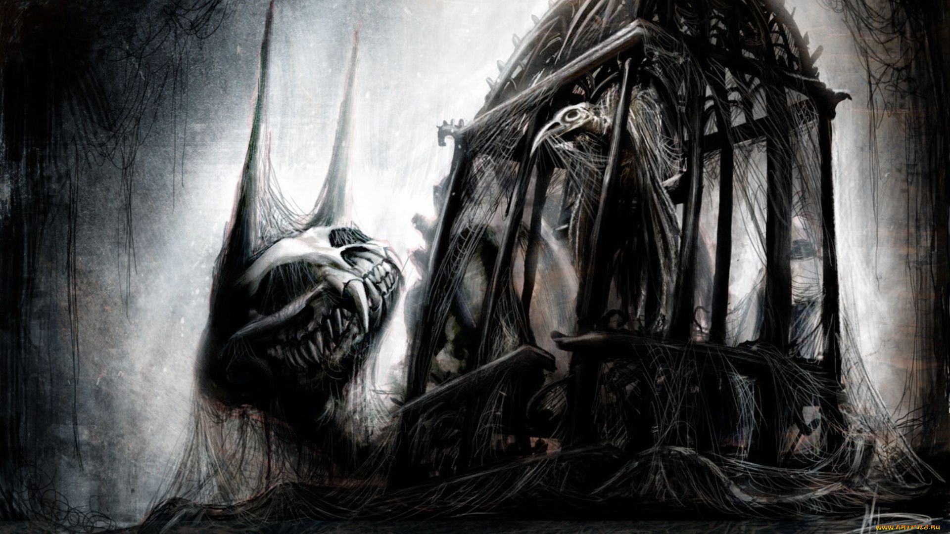 фэнтези, нежить, стиль, готика, арт, монстр, птица, клетка, паутина