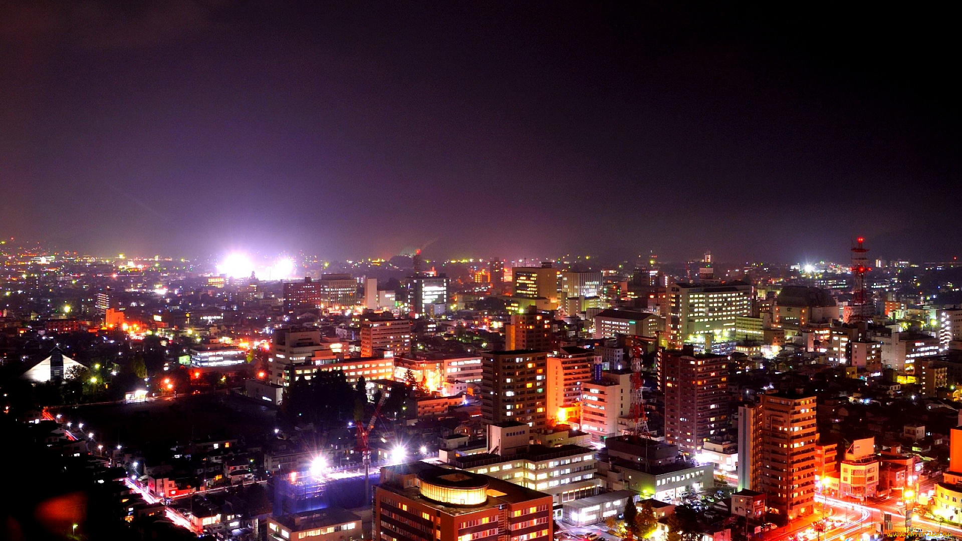 города, огни, ночного, вечер, дома, yamagata, japan