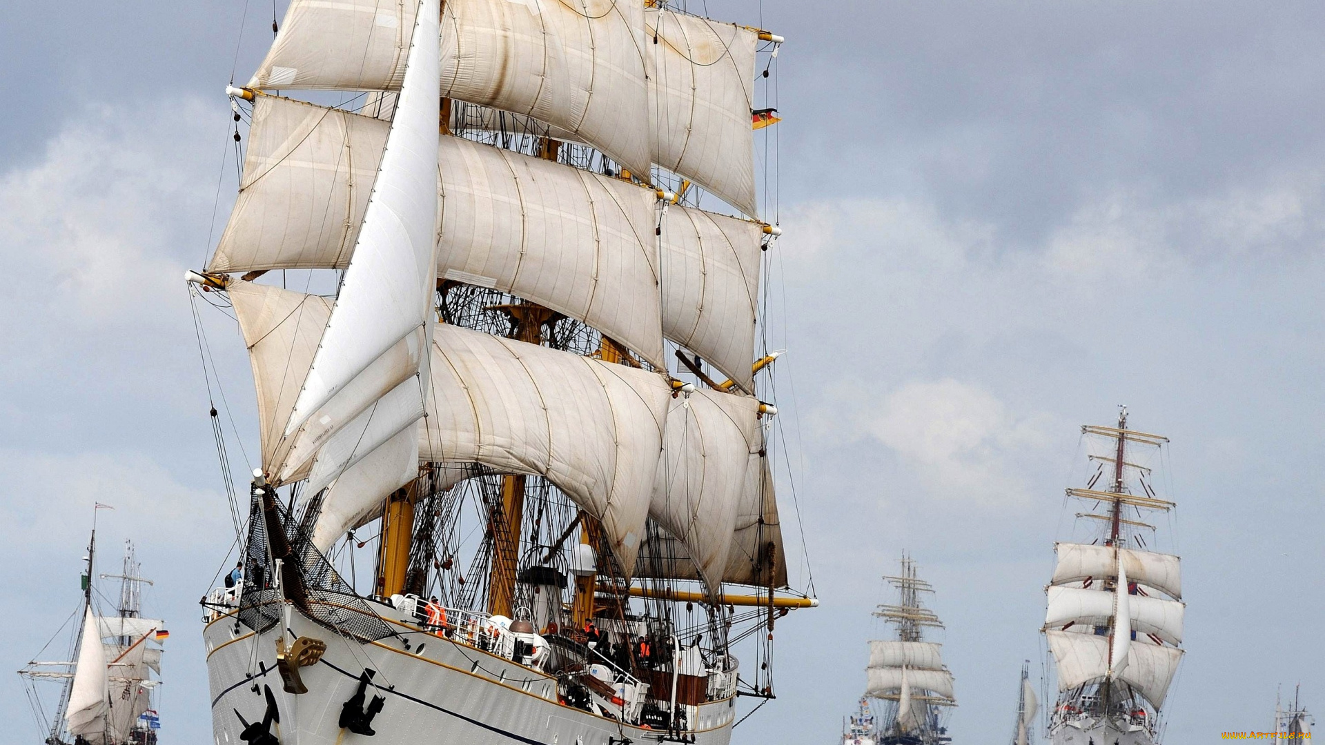 корабли, парусники, много, белый, паруса