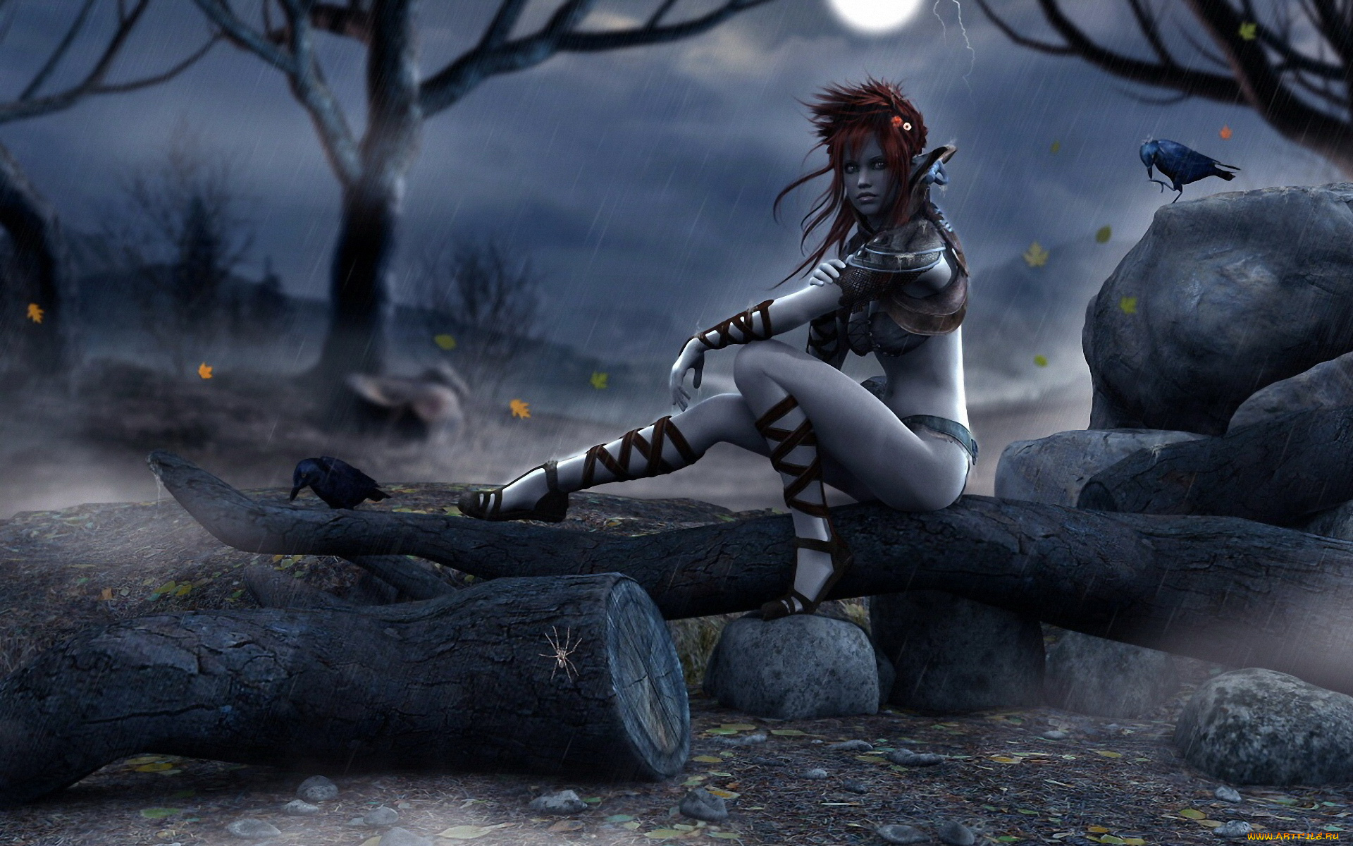 фэнтези, девушки, камни, дерево, девушка