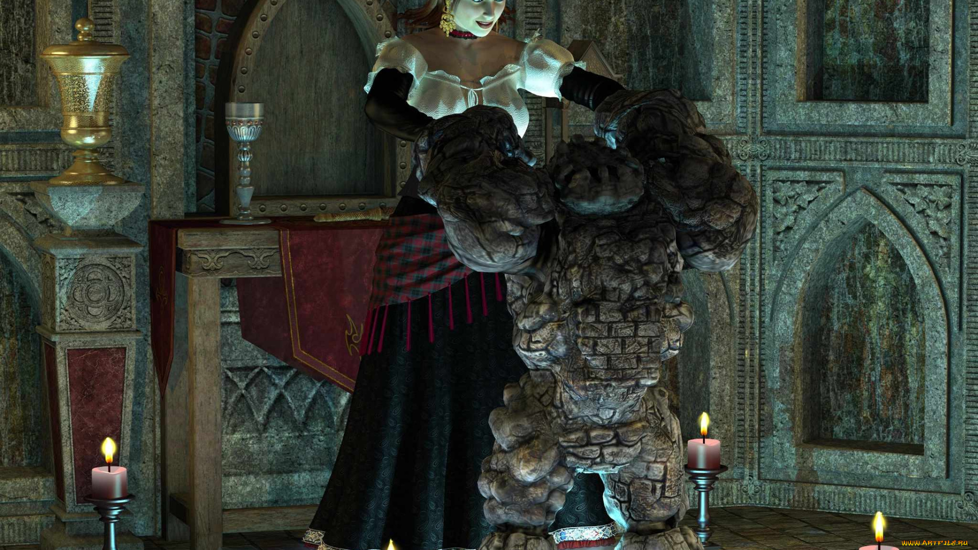 3д, графика, fantasy, фантазия, свечи, комната, девушка