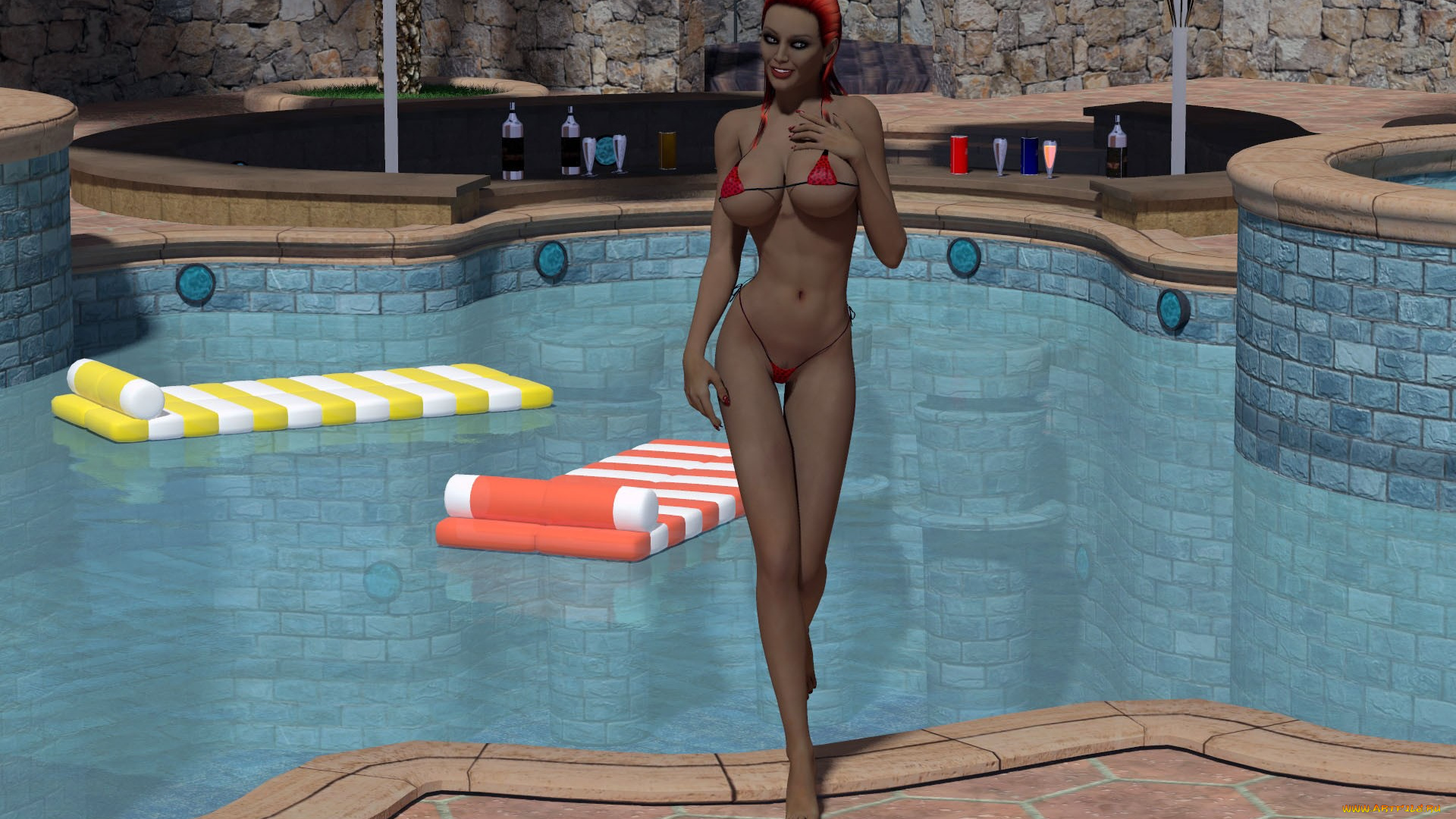 3д, графика, people, люди, матрац, девушка, бассейн