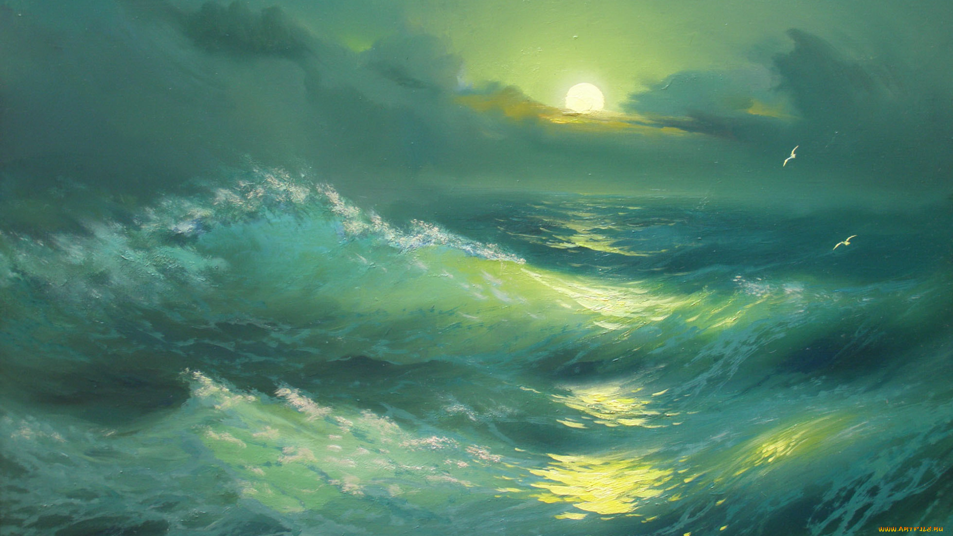 александр, милюков, ночь, волна, рисованные, море