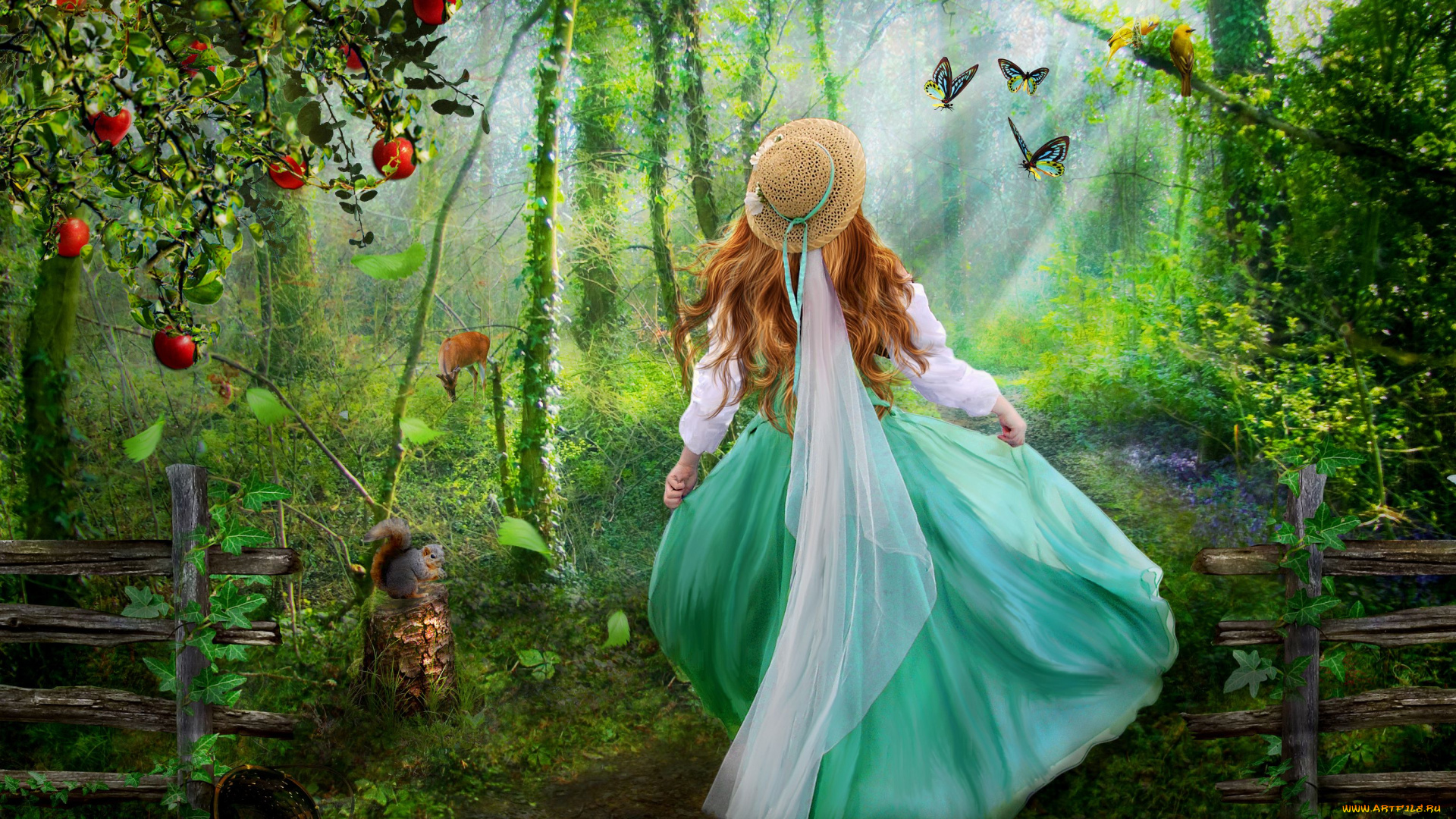 фэнтези, девушки, девочка, яблоки, лес, бабочки, белка, олень