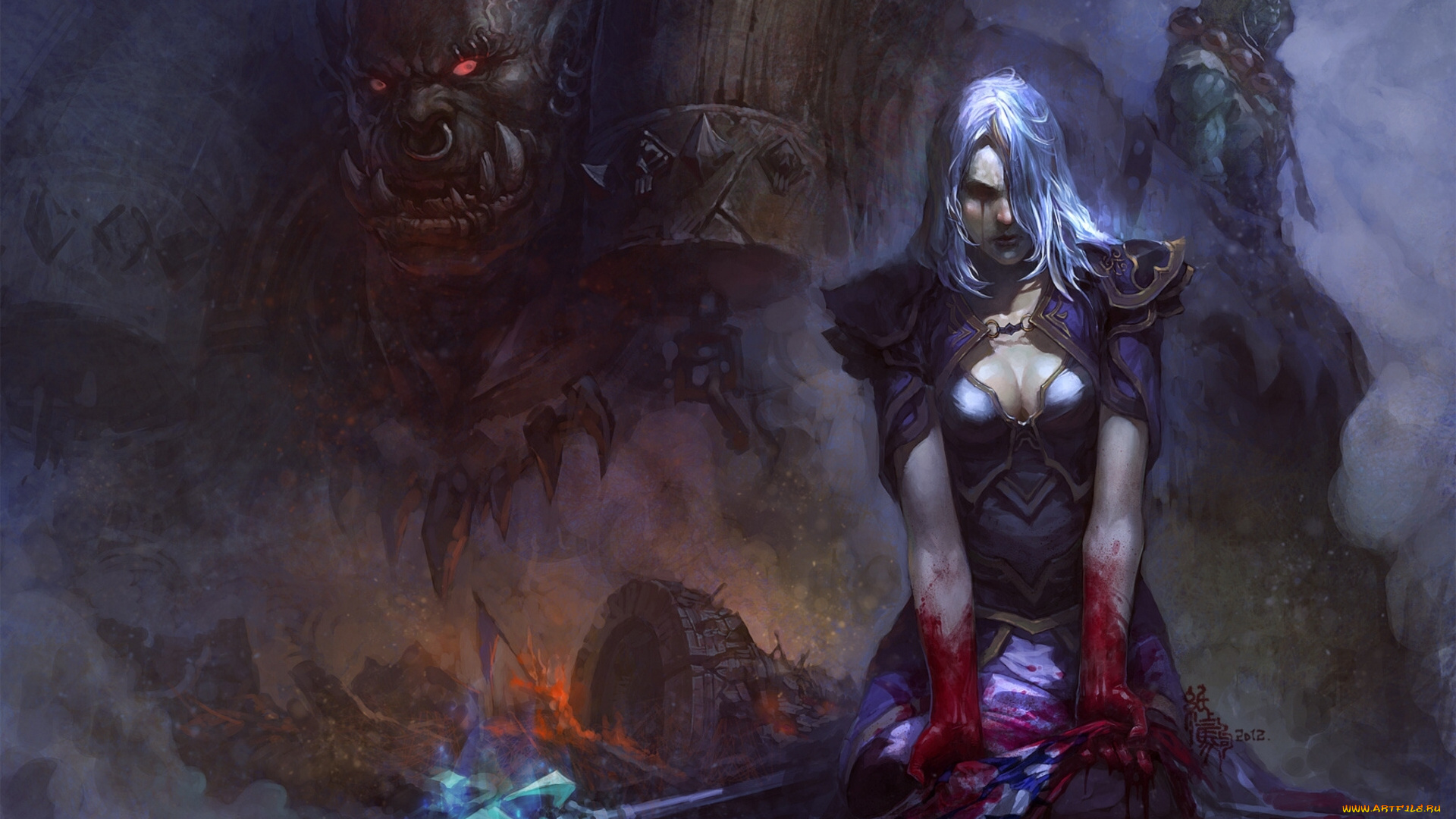 фэнтези, красавицы, чудовища, копьё, воительница, девушка, монстр, кровь