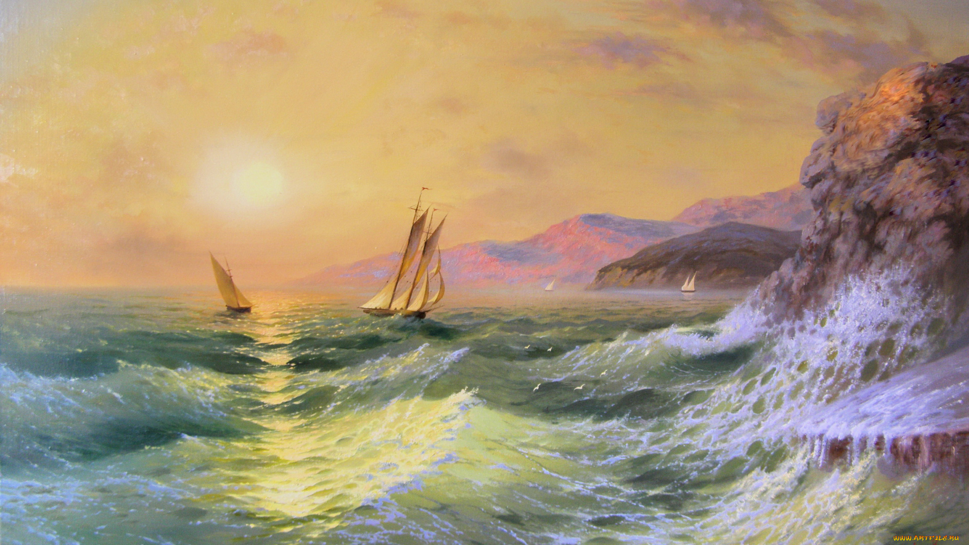 рисованные, александр, милюков, красота, волны, парус, пейзаж, крым, горы, скалы, закат, солнце, море, простор