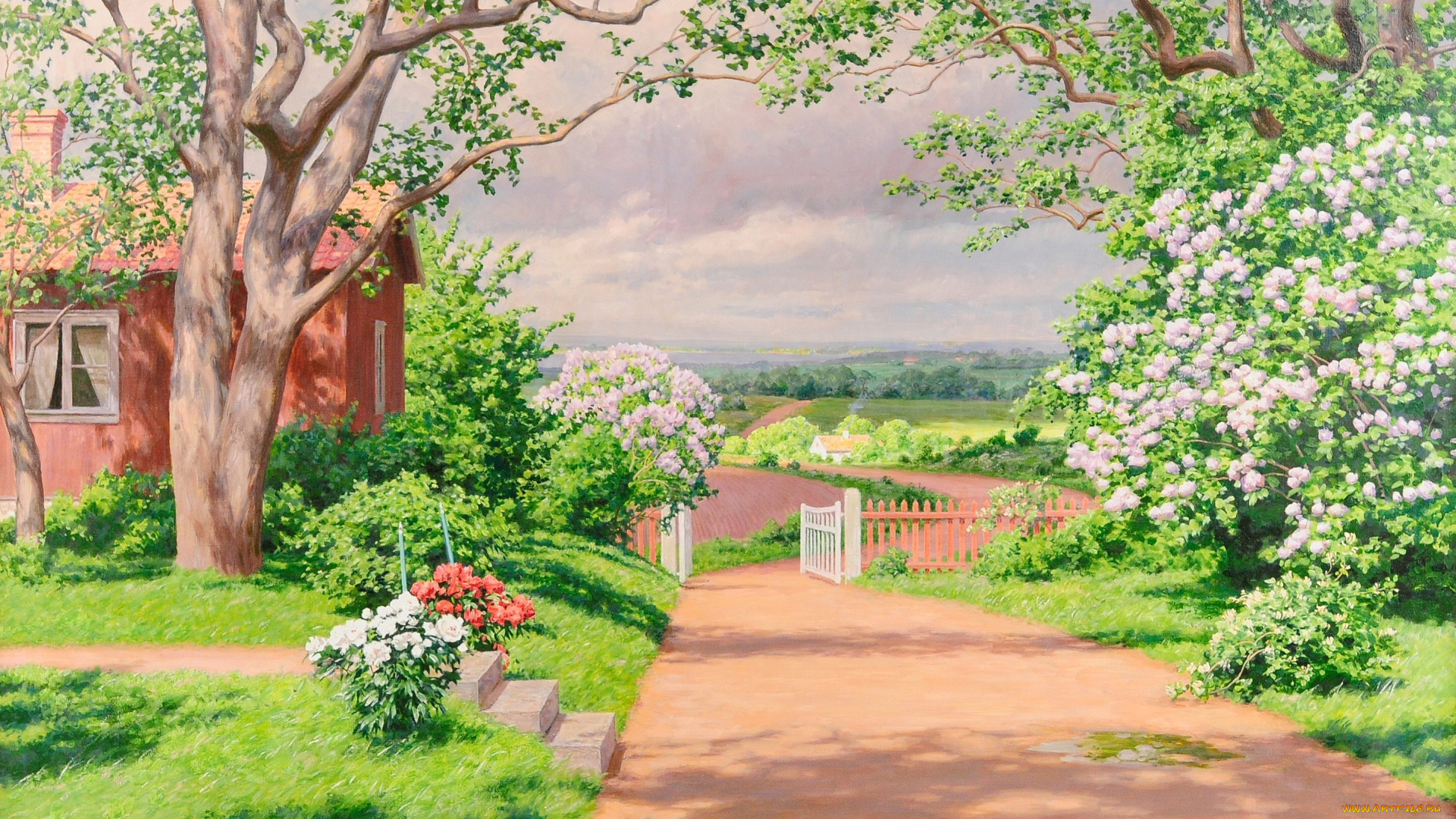 рисованные, johan, krouthen, цветы, кусты, деревья, дача, сад, дорожка, забор, калитка, окно, домик, лето