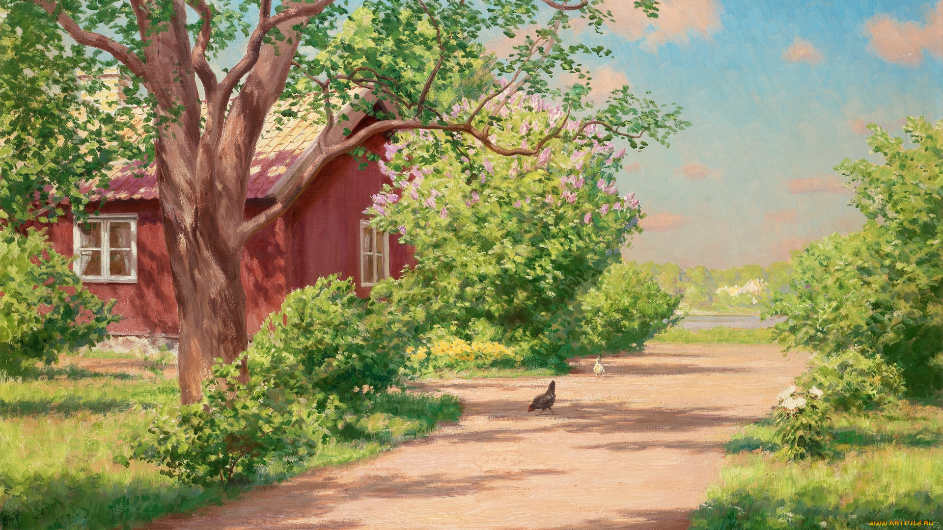 рисованные, johan, krouthen, дорожка, деревья, кусты, река, куры, деревня, дом, дача, лето