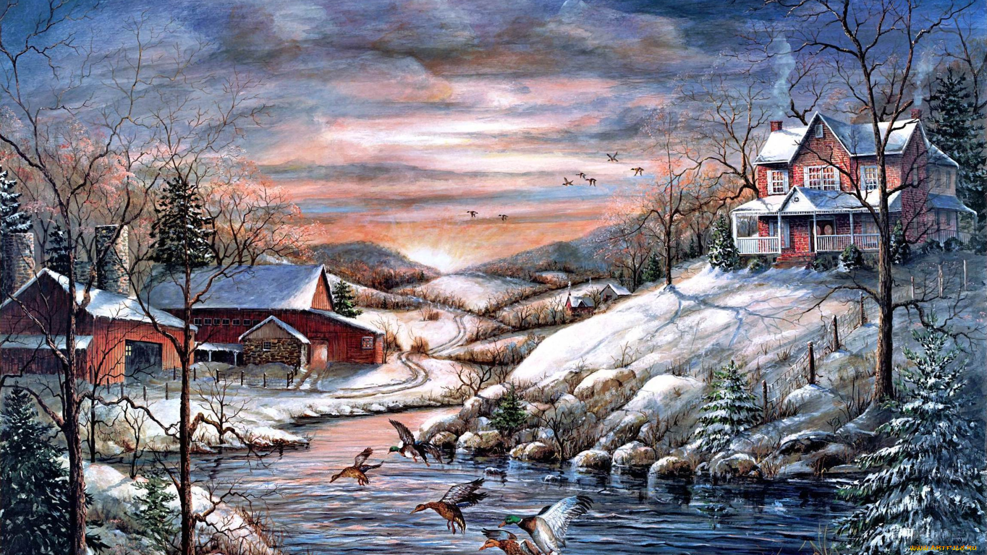 рисованные, mary, ann, vessey, птицы, утки, дома, коттедж, ёлки, снег, лёд