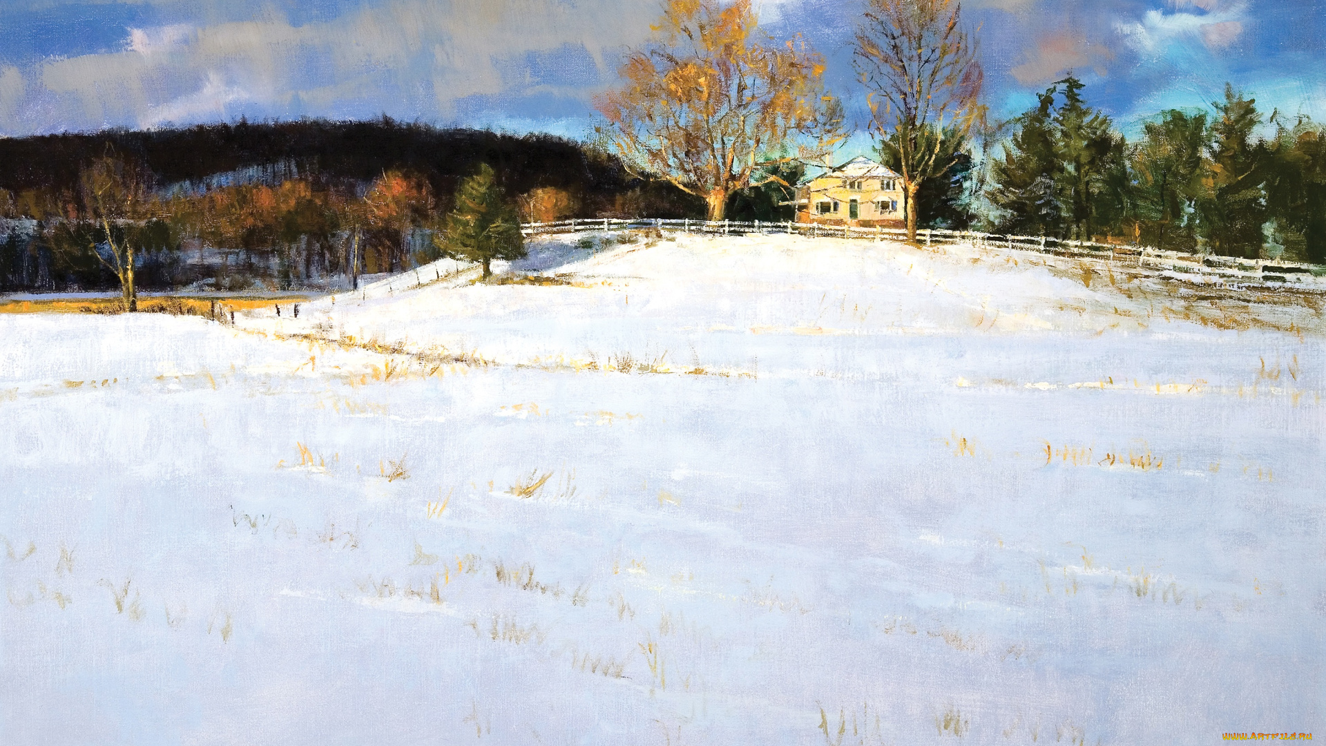 рисованные, peter, fiore, дом, снег, деревья, ель, забор, лес, долина, зима, winter, clearing