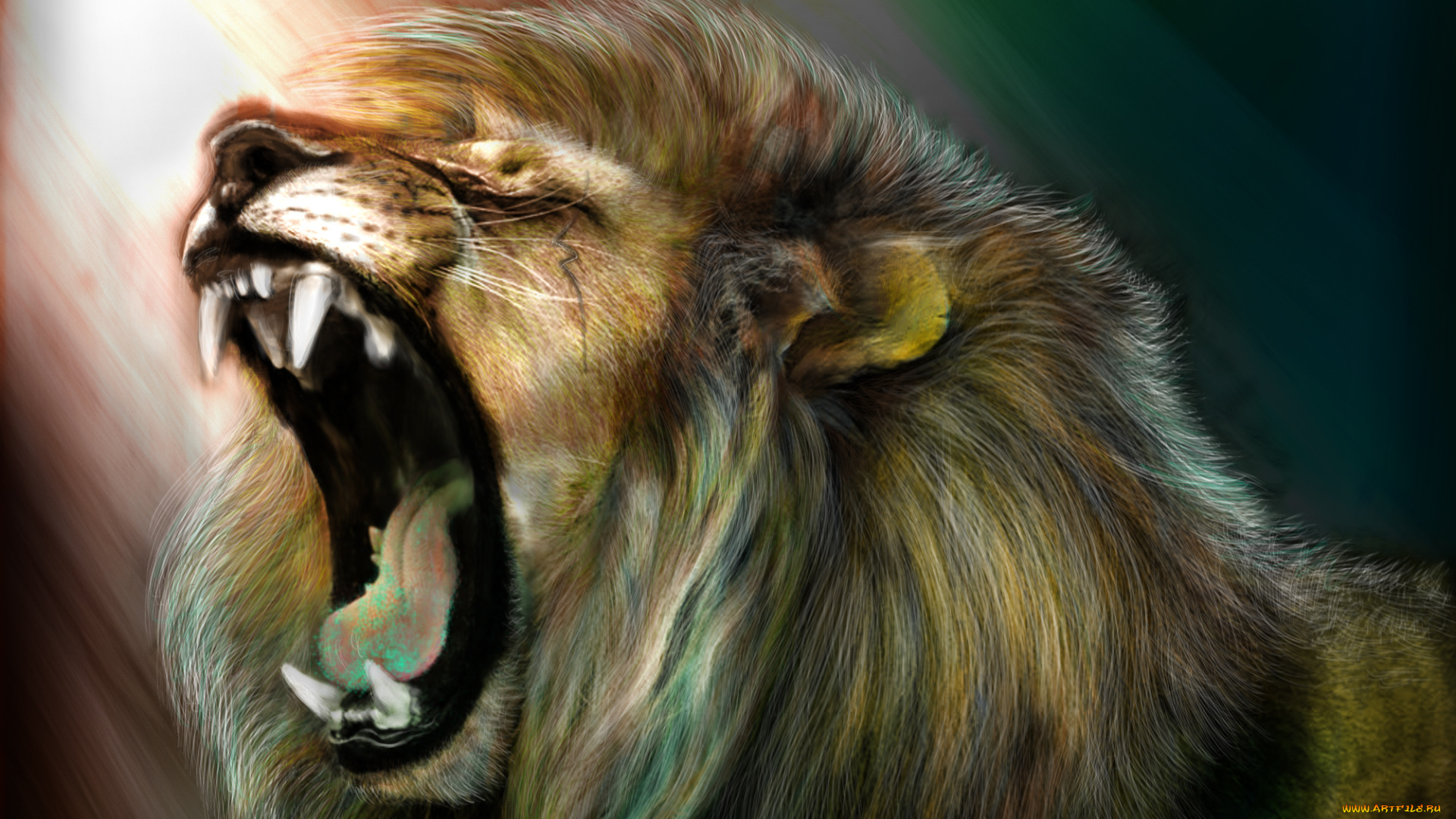 рисованные, животные, львы, лев, рык, клыки