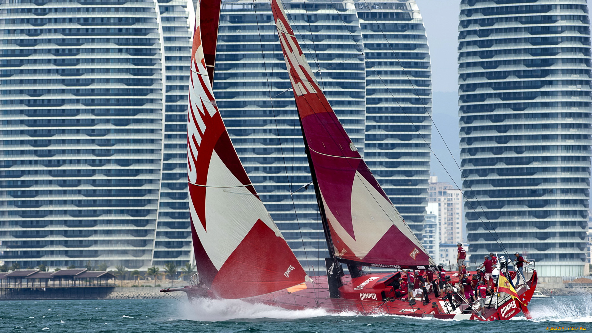 спорт, парусный, берег, здания, гостиниц, в, дубаи, яхта