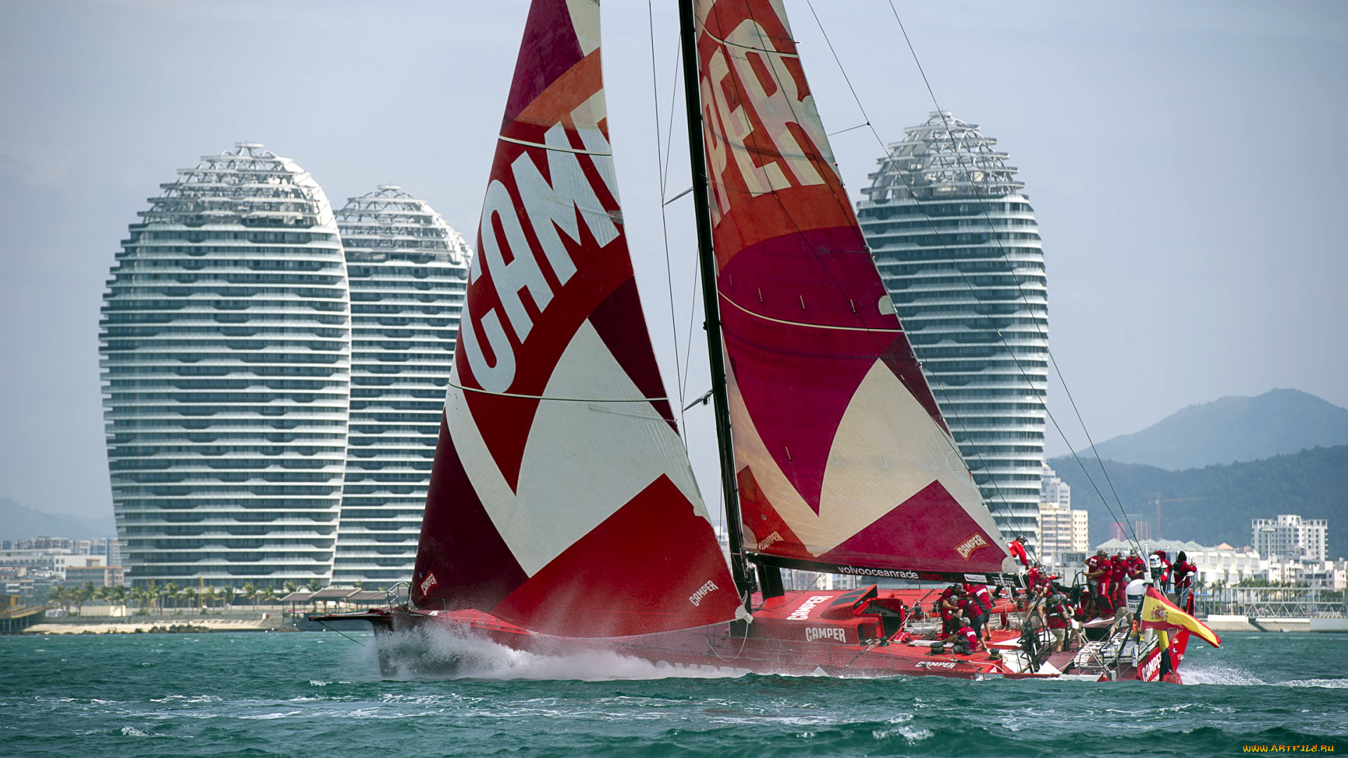 спорт, парусный, яхта, океан, берег, здания