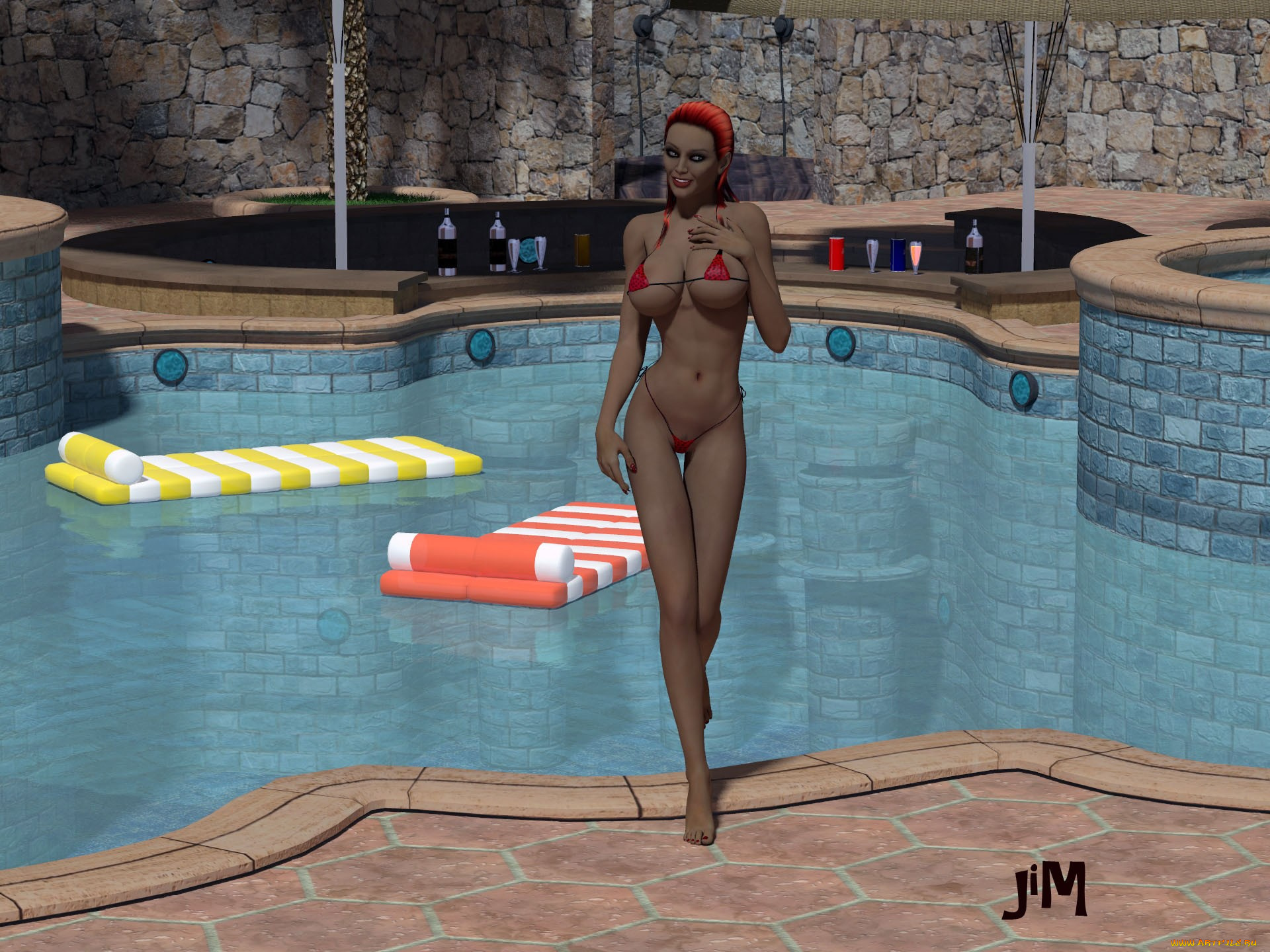 3д, графика, people, люди, матрац, девушка, бассейн