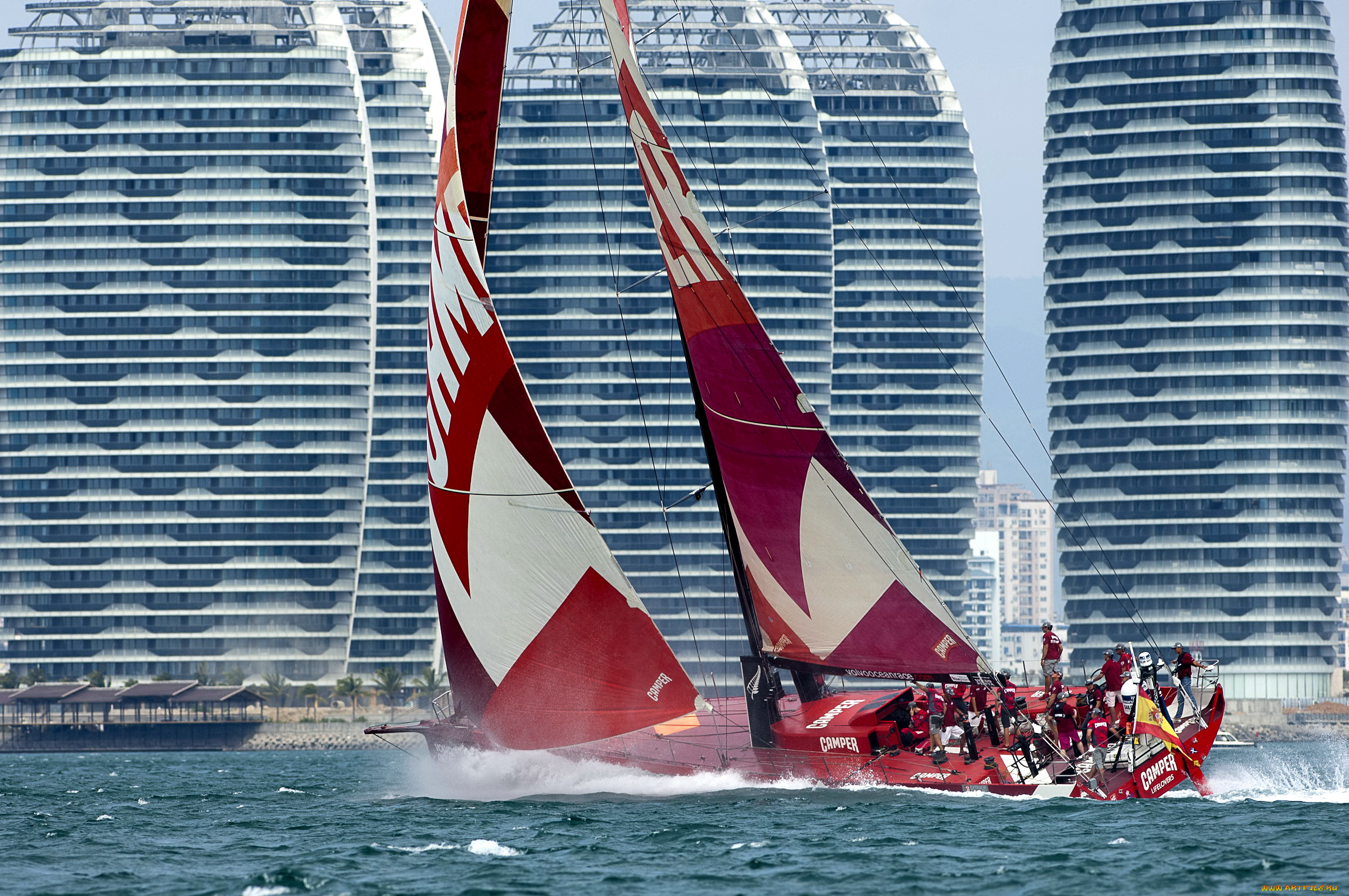 спорт, парусный, берег, здания, гостиниц, в, дубаи, яхта