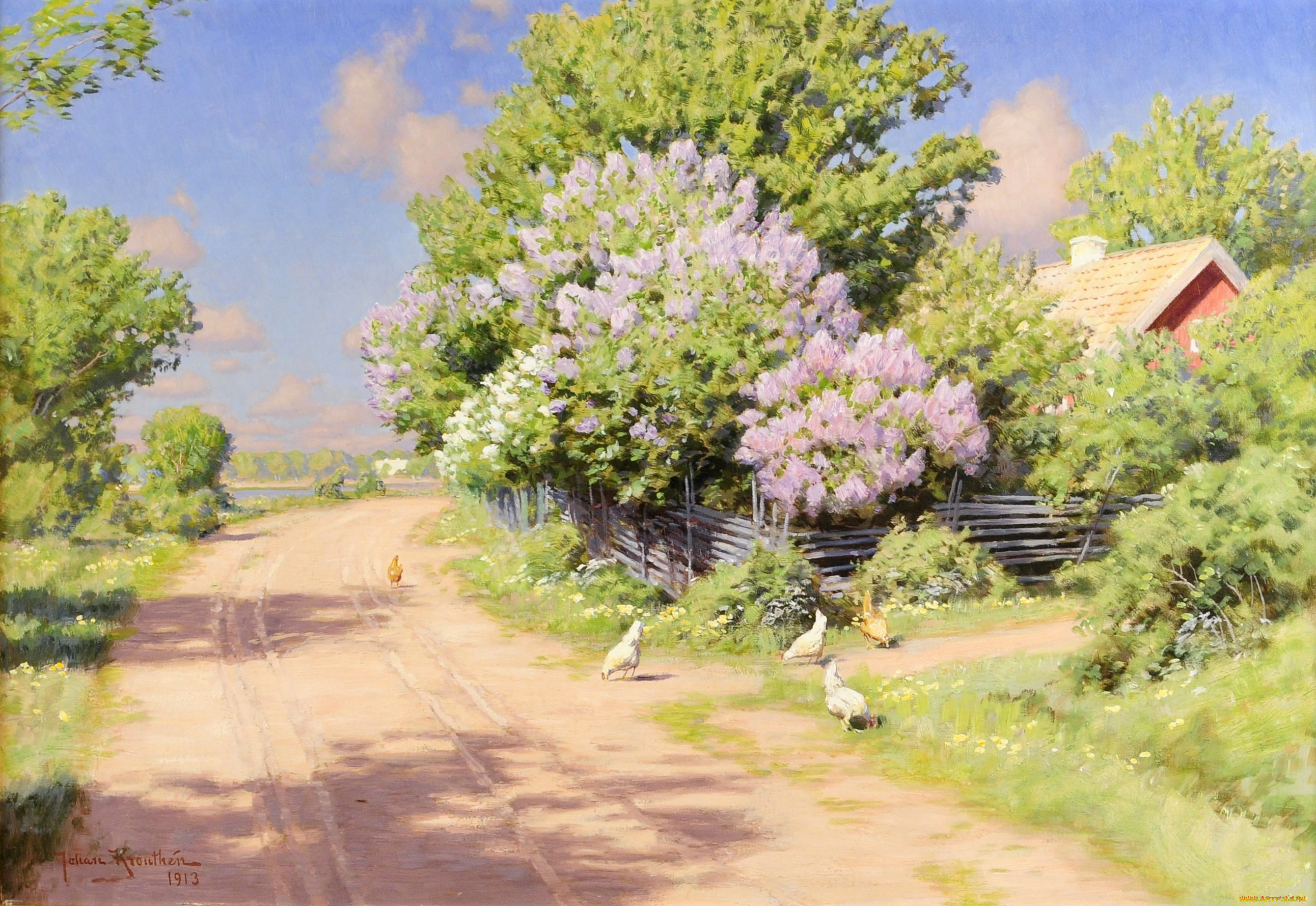 рисованные, johan, krouthen, деревня, сирень, кусты, цветы, куры, крыши, забор, плетень, дом, тень, дорога