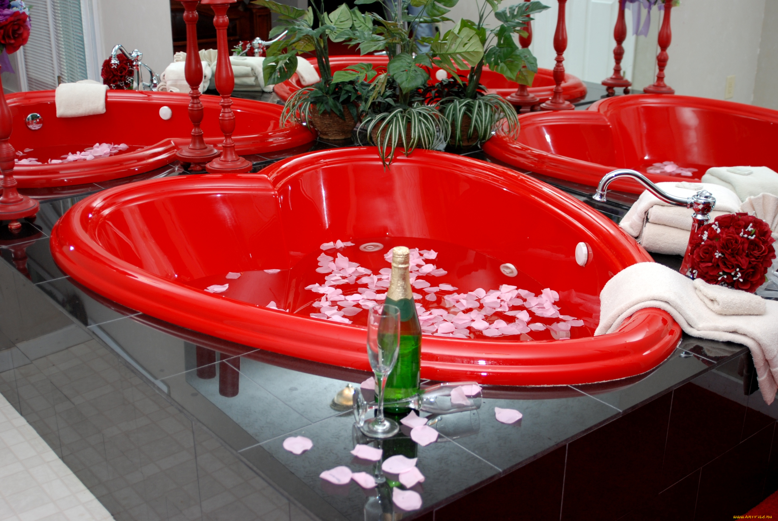 интерьер, ванная, туалетная, комнаты, шампанское, ванна, сердце, лепестки