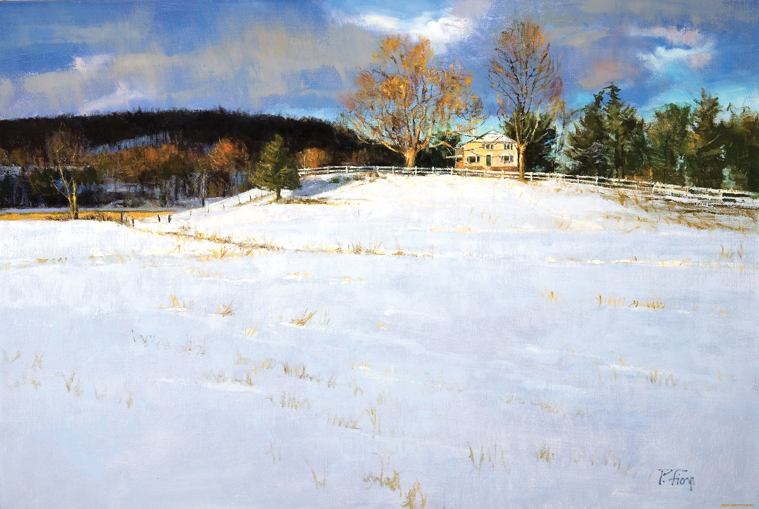 рисованные, peter, fiore, дом, снег, деревья, ель, забор, лес, долина, зима, winter, clearing