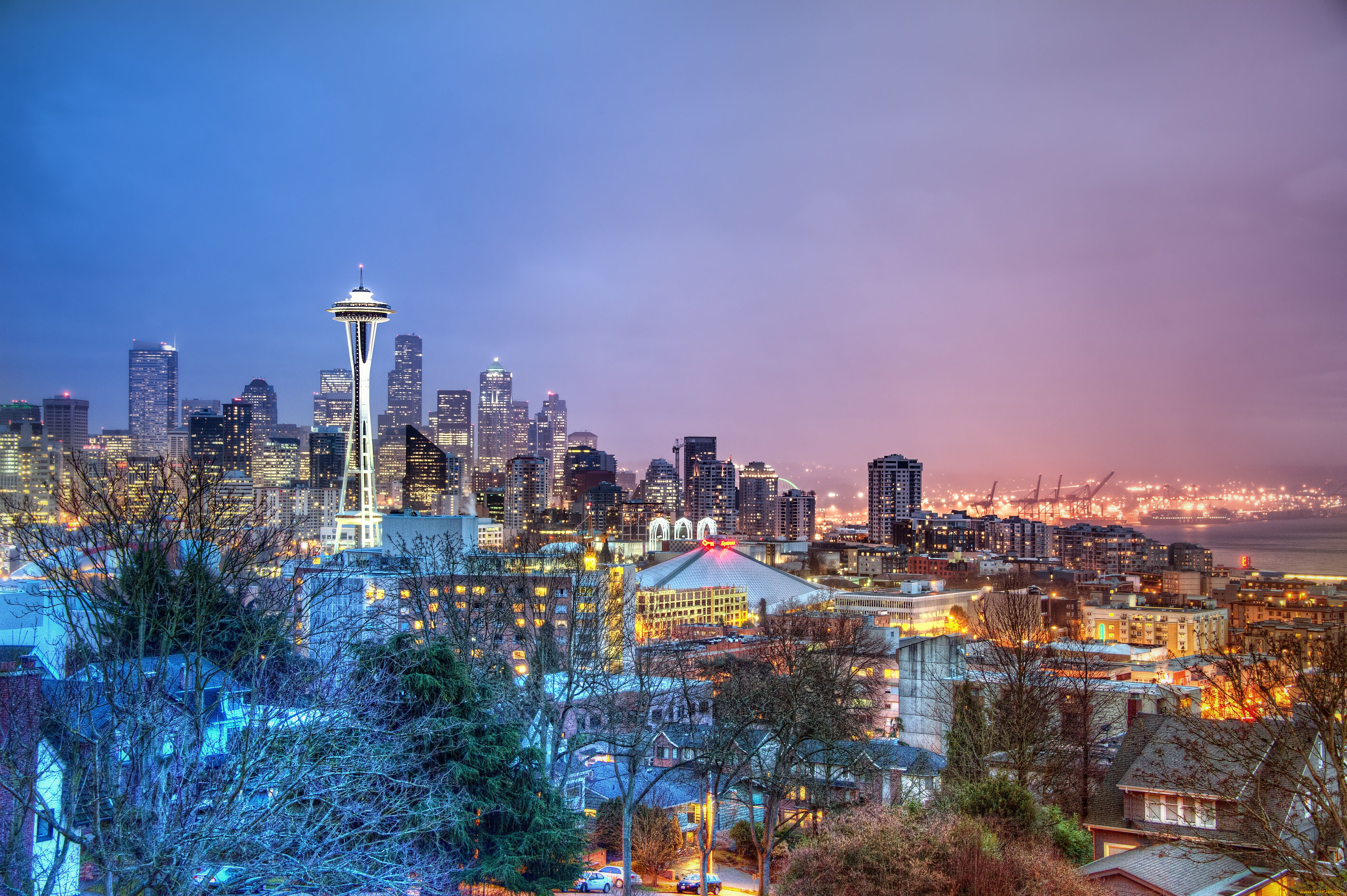 города, сиэтл, сша, seattle, ночной, город, панорама