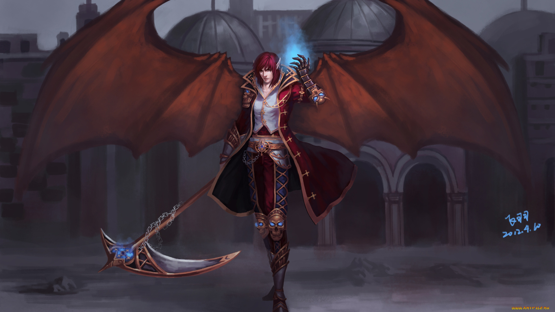 фэнтези, демоны, город, коса, магия, черепа, демон