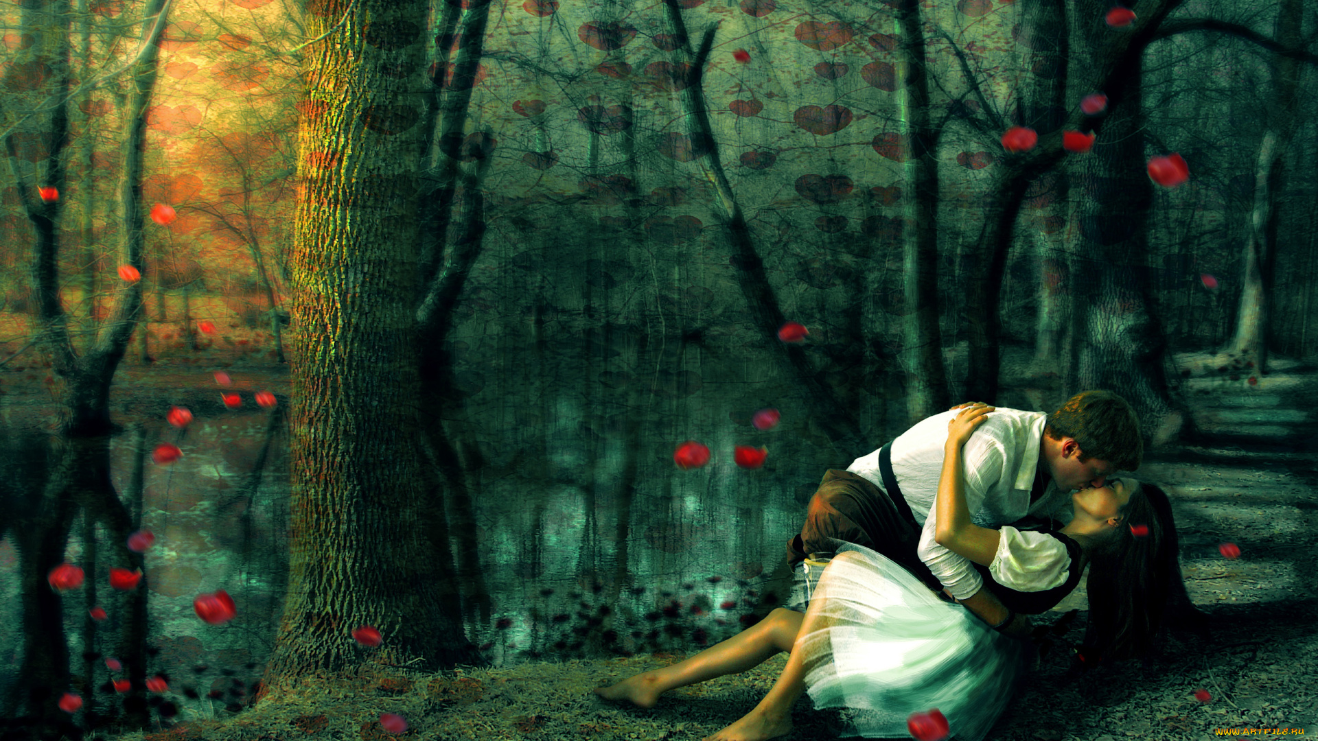 фэнтези, люди, деревья, лес