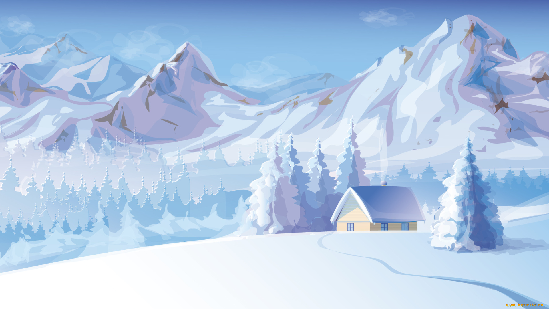 векторная, графика, зима, снег, горы, деревья, домик, дым