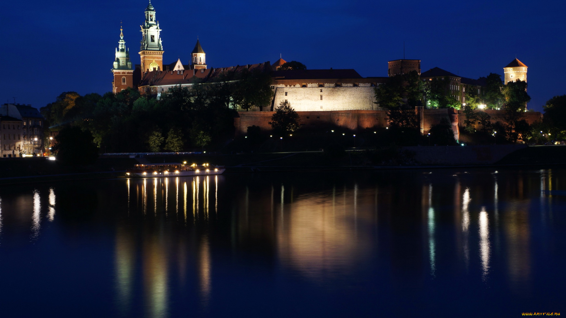 wawel, castle, , польша, краков, города, -, дворцы, , замки, , крепости, wawel, castle, польша, краков, замок, река, огни, ночь