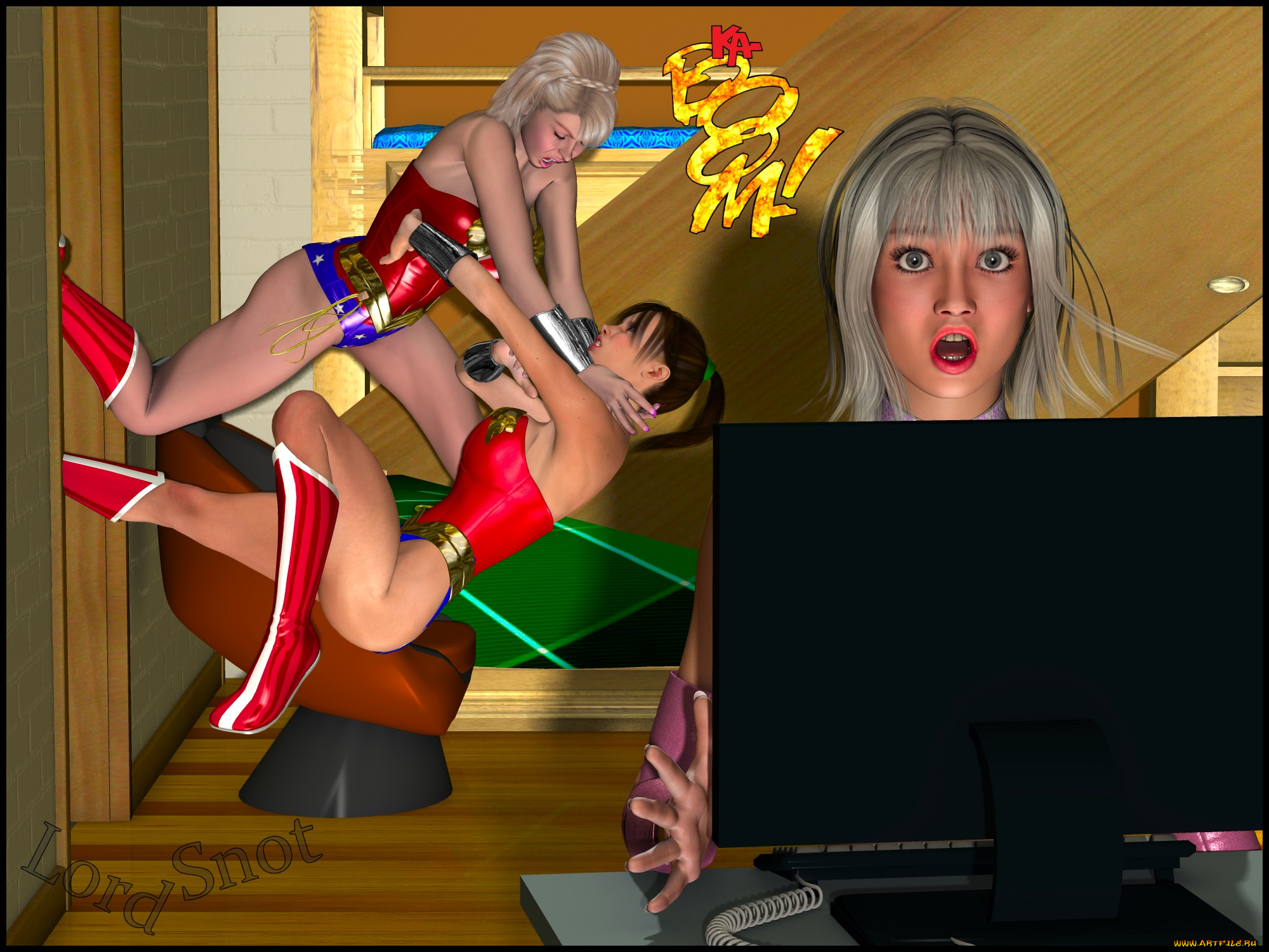 3д, графика, fantasy, , фантазия, драка, ноутбук, девушки, lordsnot