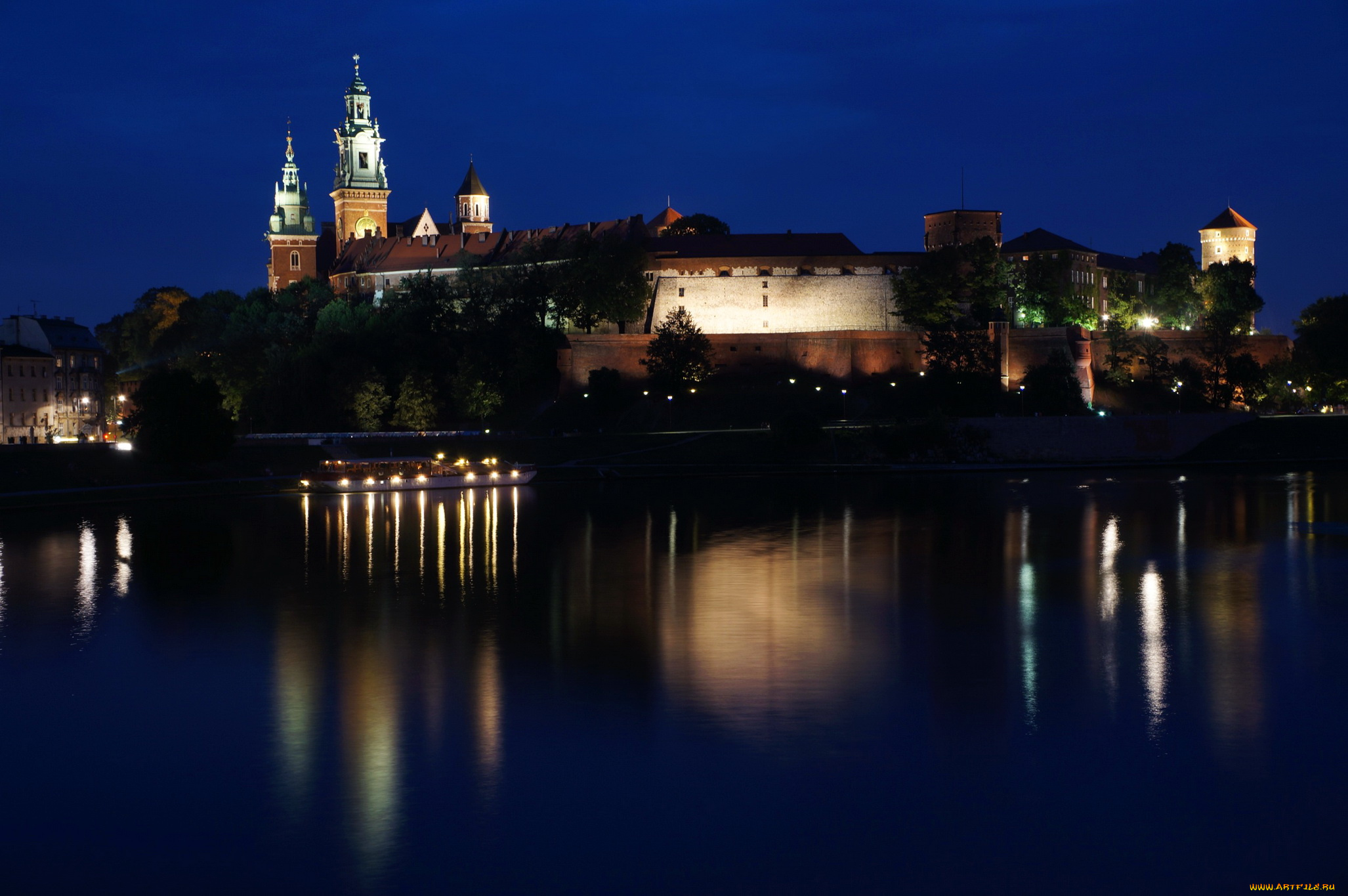 wawel, castle, , польша, краков, города, -, дворцы, , замки, , крепости, wawel, castle, польша, краков, замок, река, огни, ночь