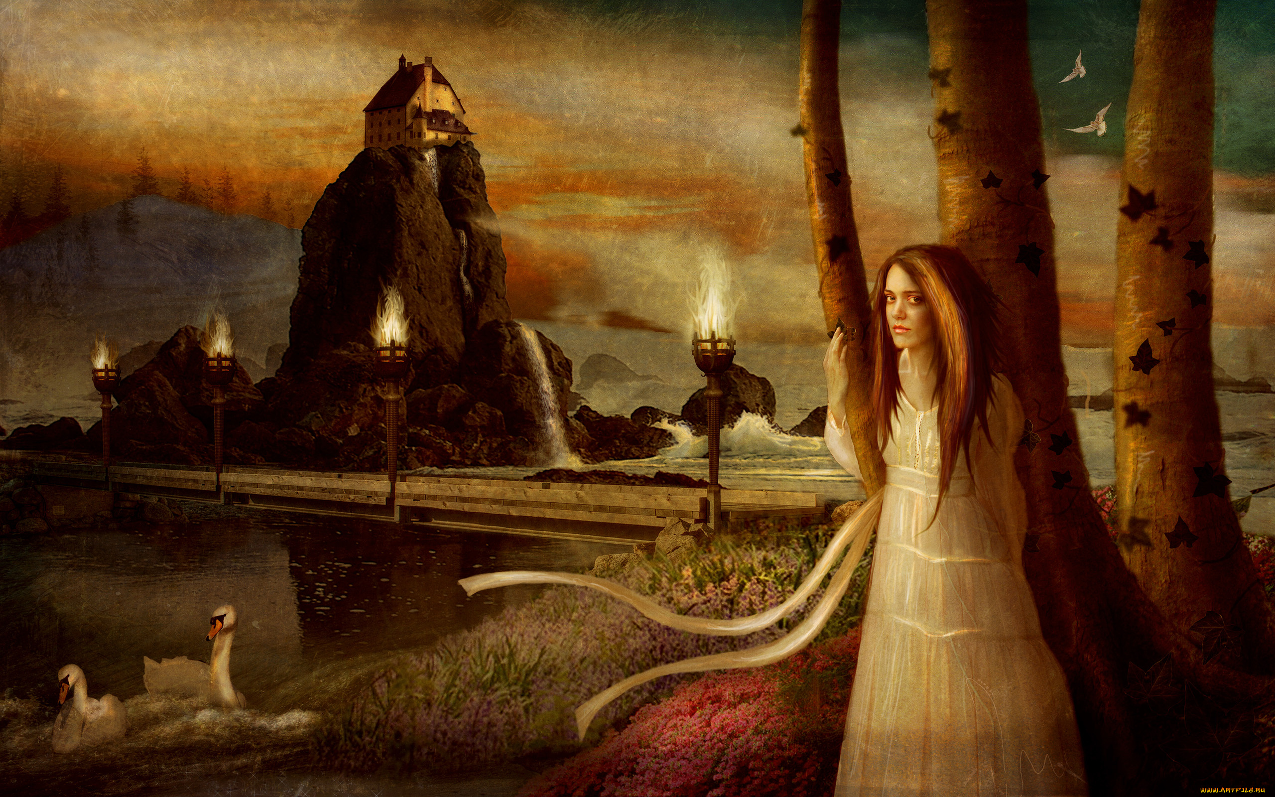фэнтези, девушки, факел, лебедь