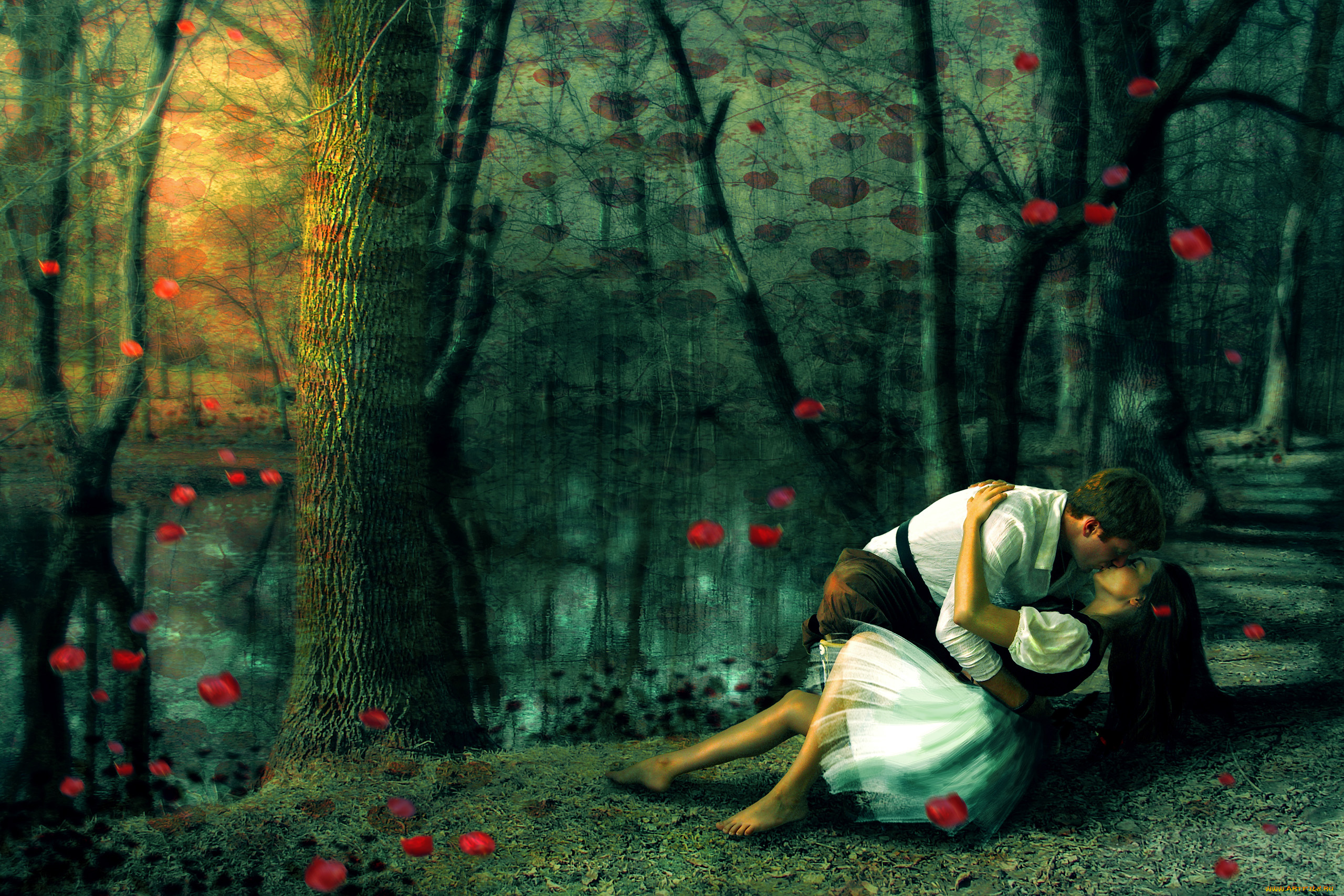 фэнтези, люди, деревья, лес