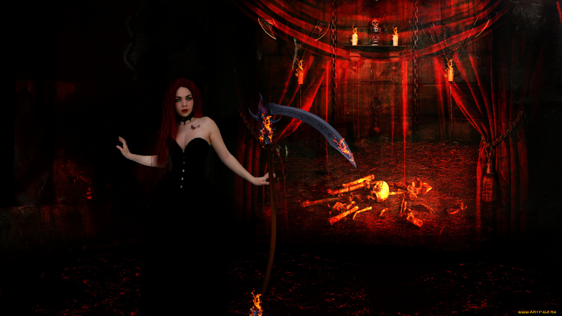 3д, графика, фантазия, , fantasy, свечи, фон, взгляд, девушка