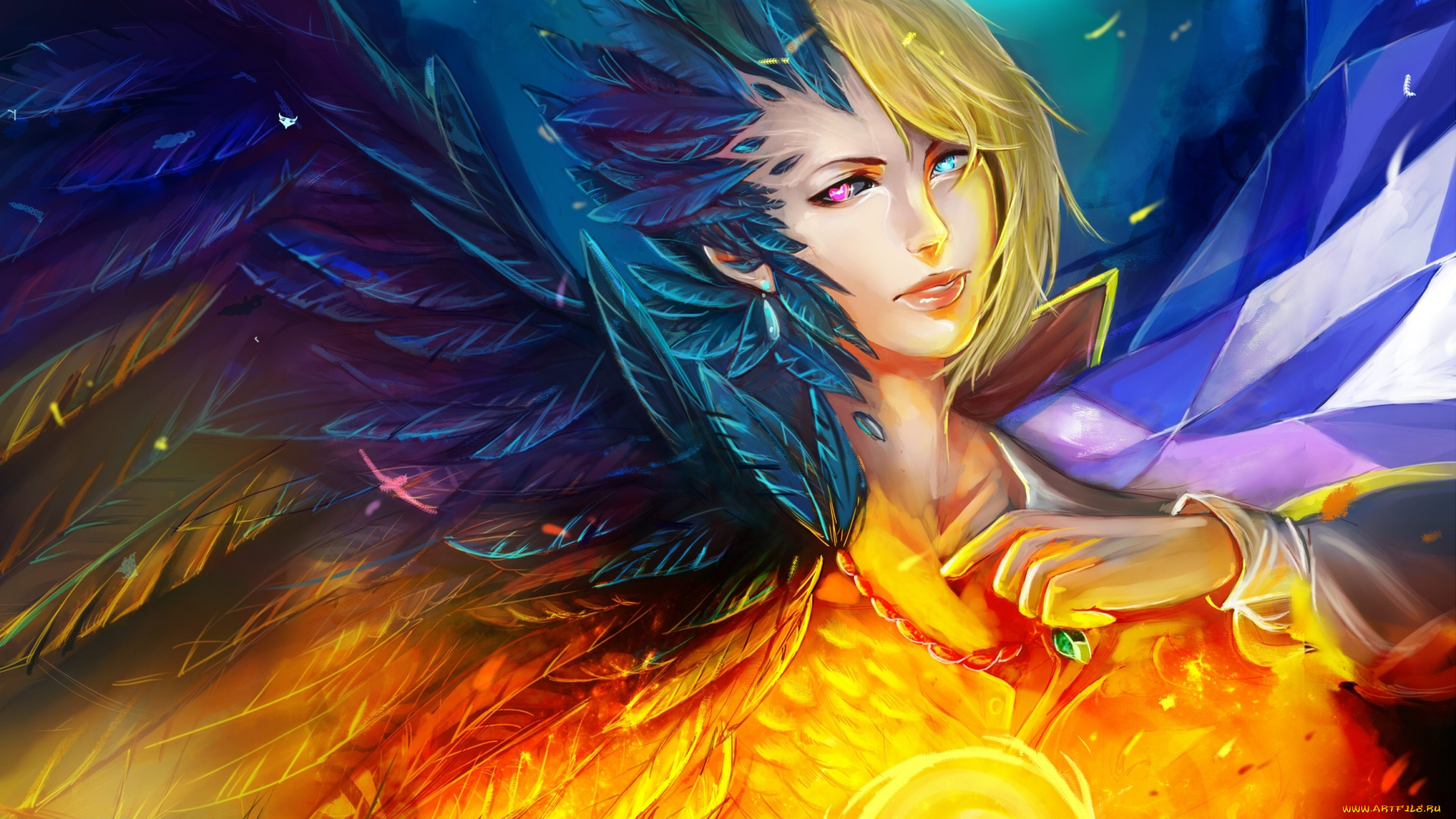 фэнтези, существа, птица, перья, крылья, шар, магия, взгляд, блондин, парень