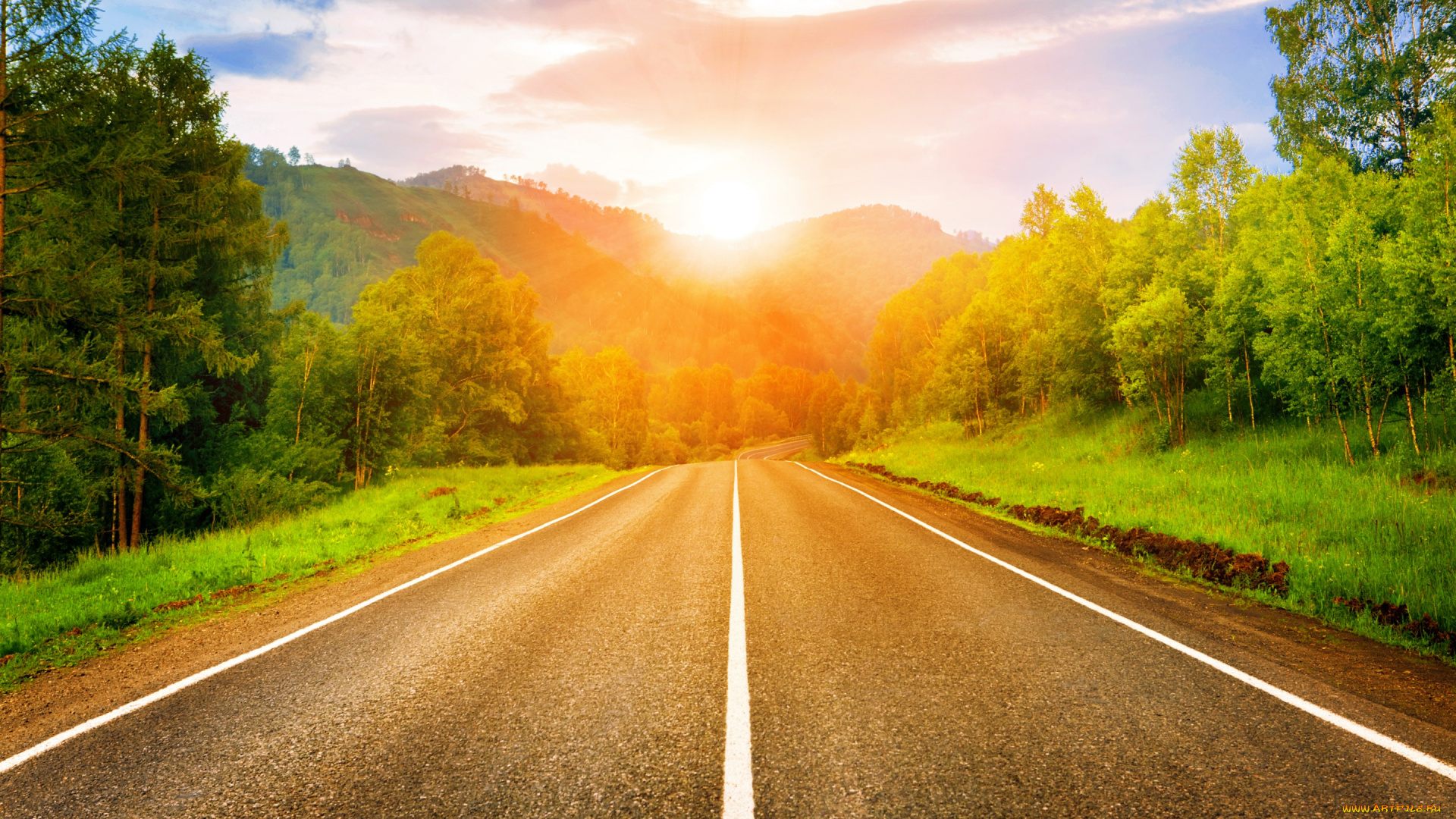 природа, дороги, sunrise, dawn, road, sun, дорога, рассвет, солнце