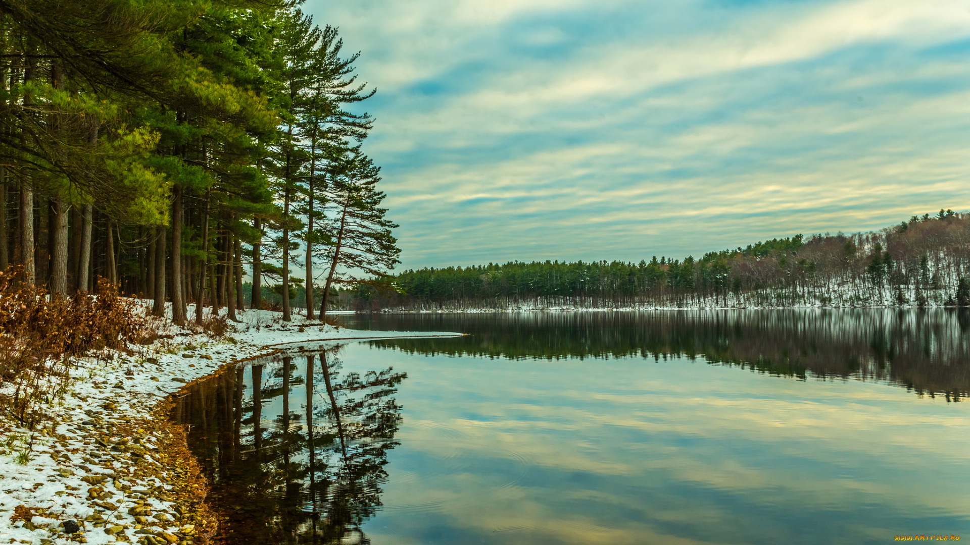 природа, реки, озера, снег, река, облака, деревья, небо