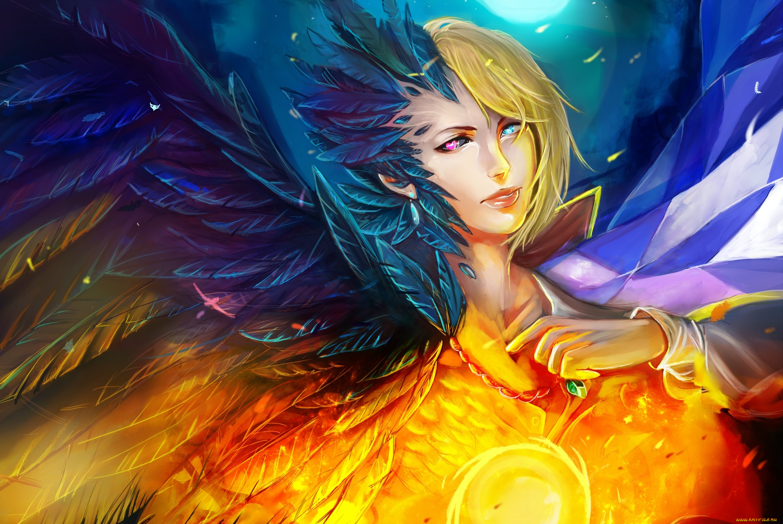 фэнтези, существа, птица, перья, крылья, шар, магия, взгляд, блондин, парень