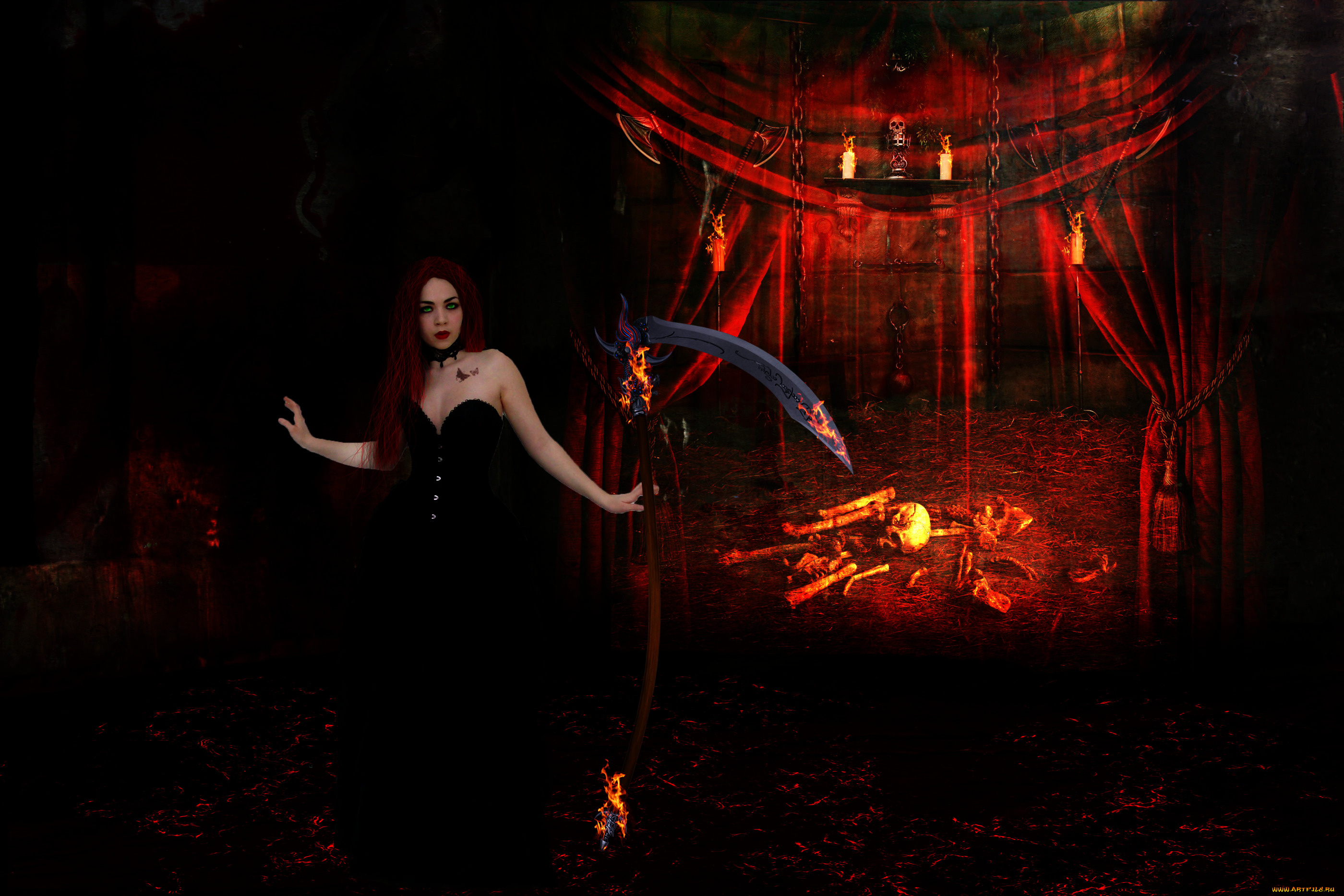 3д, графика, фантазия, , fantasy, свечи, фон, взгляд, девушка