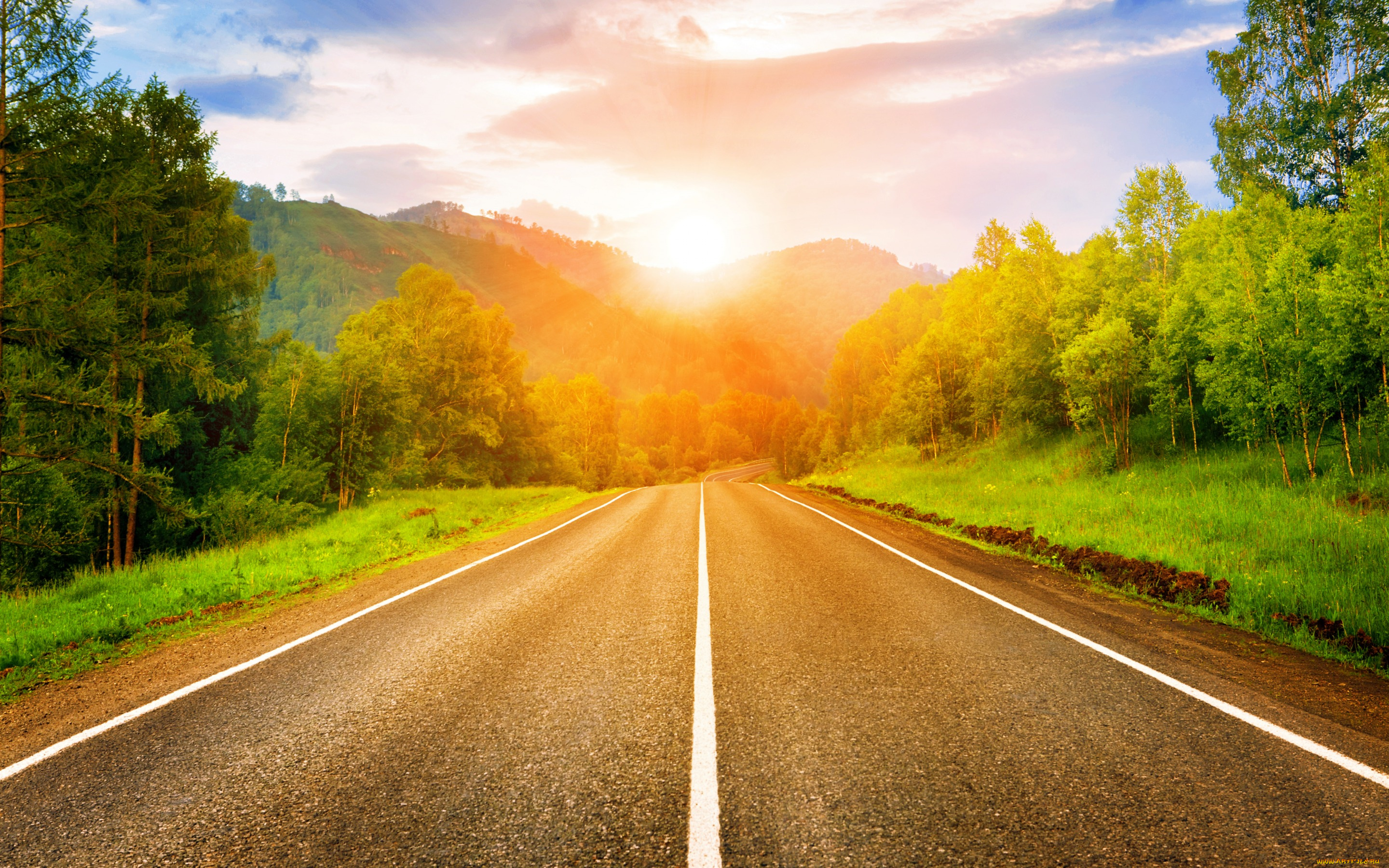 природа, дороги, sunrise, dawn, road, sun, дорога, рассвет, солнце