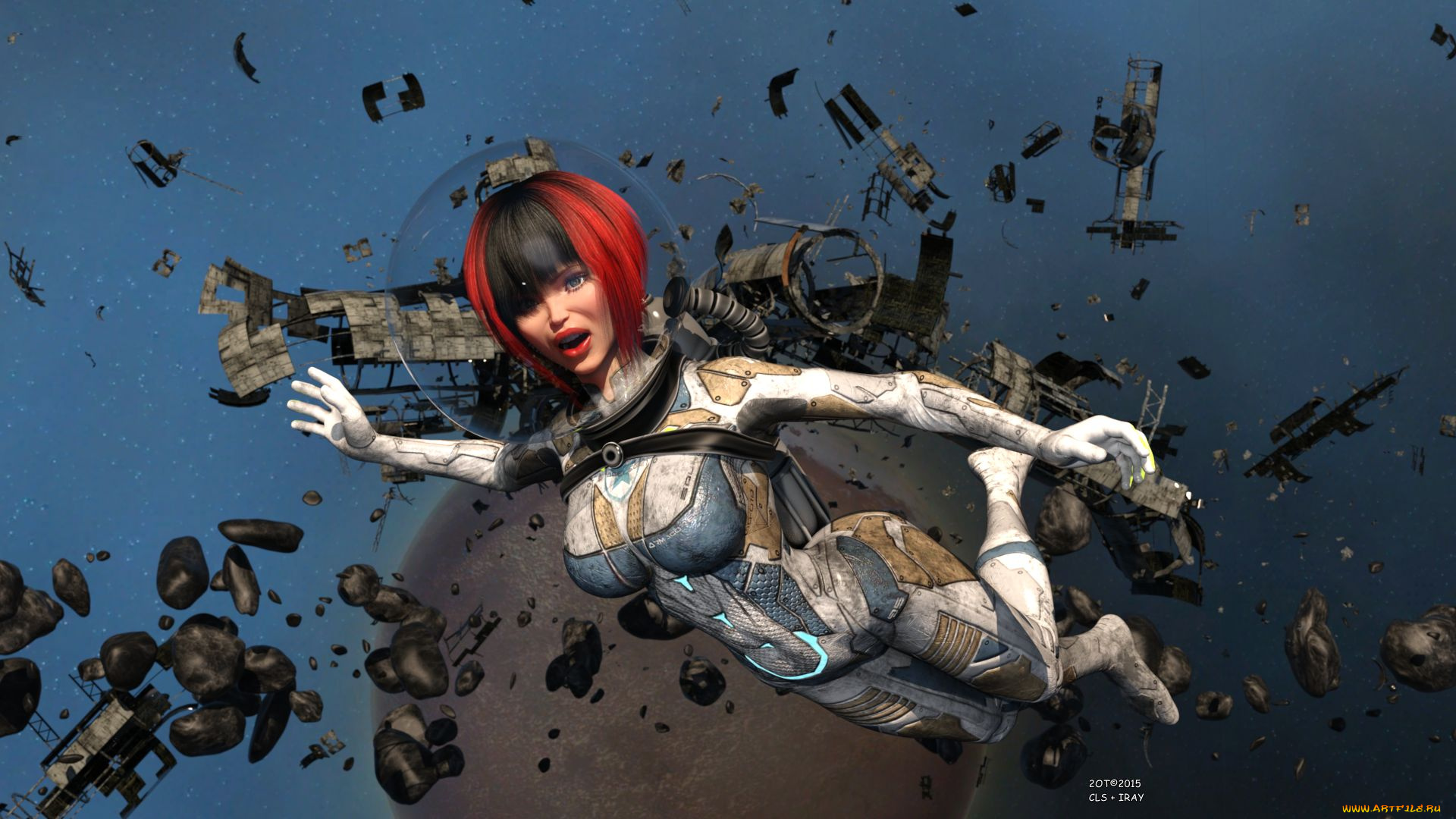 3д, графика, фантазия, , fantasy, космос, рыжая, девушка, взгляд, фон