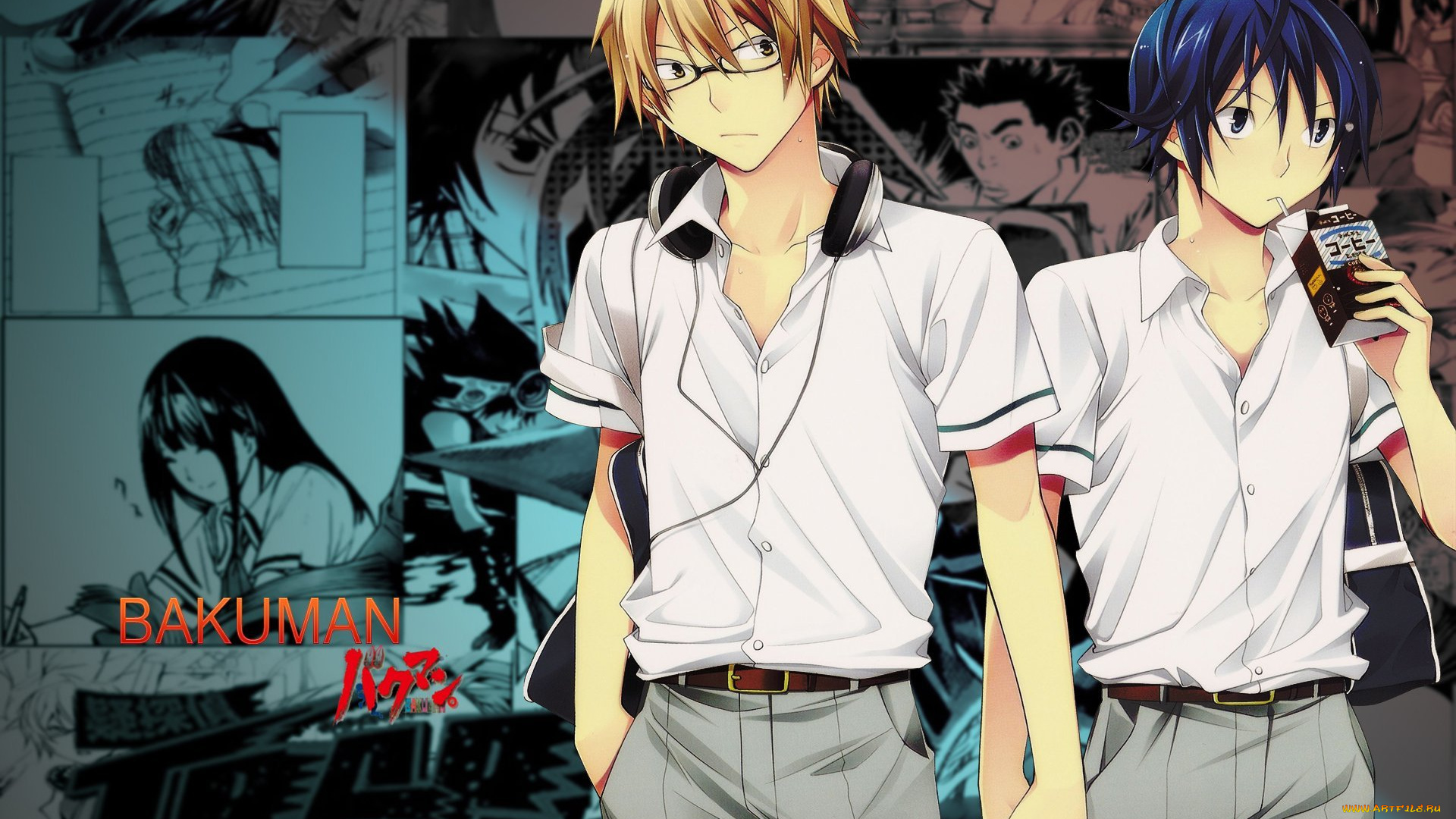 аниме, bakuman, парни, moritaka, mashiro, akito, takagi, очки, персонажи, рисунки, друзья