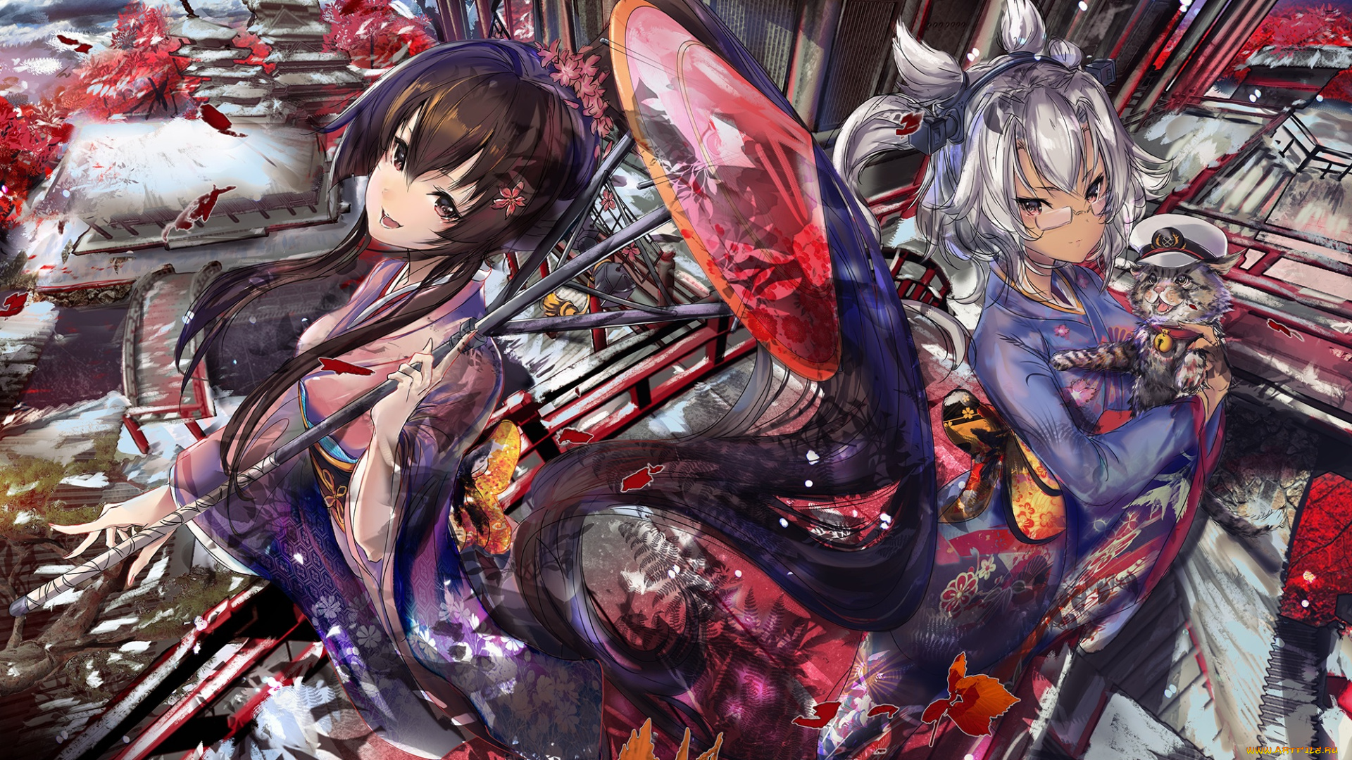 аниме, kantai, collection, арт, город, девушки, кот, зонт