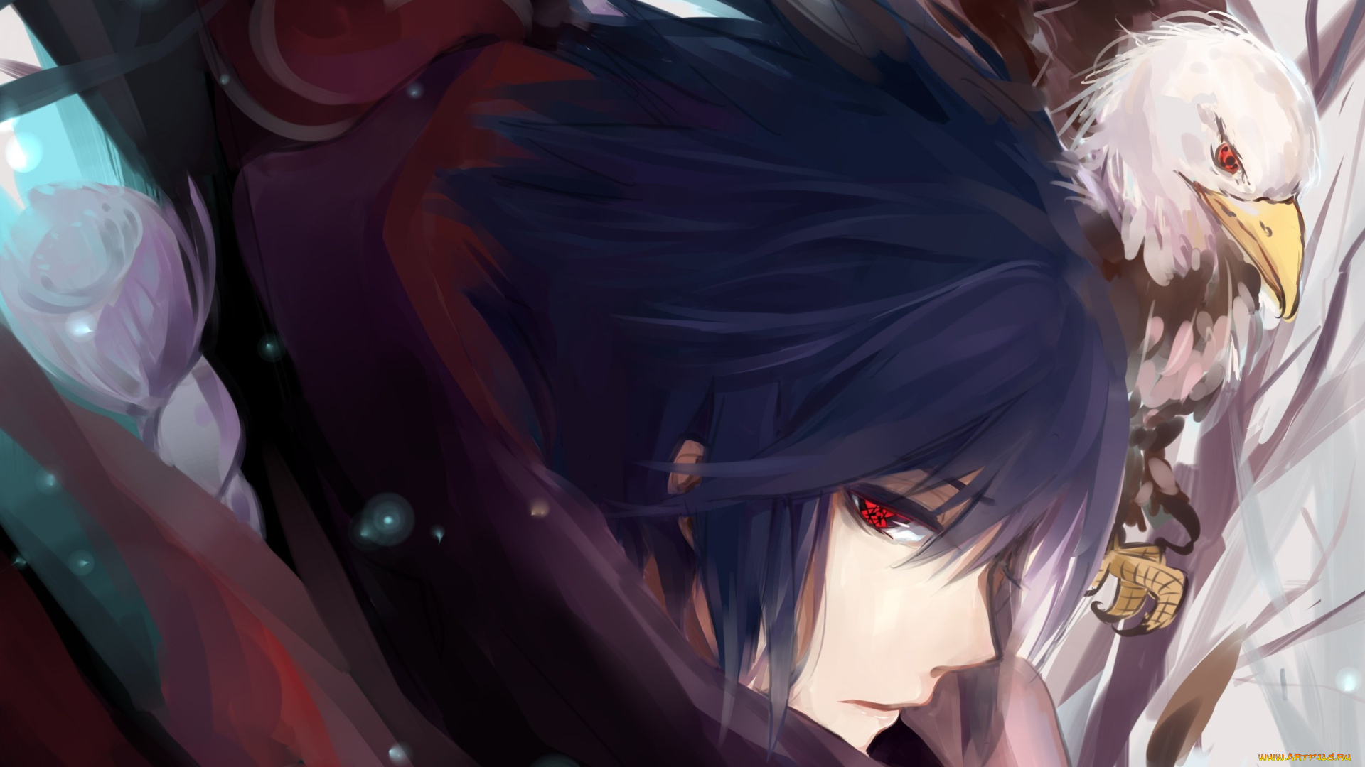 аниме, naruto, саске, шаринган, взгляд, птица