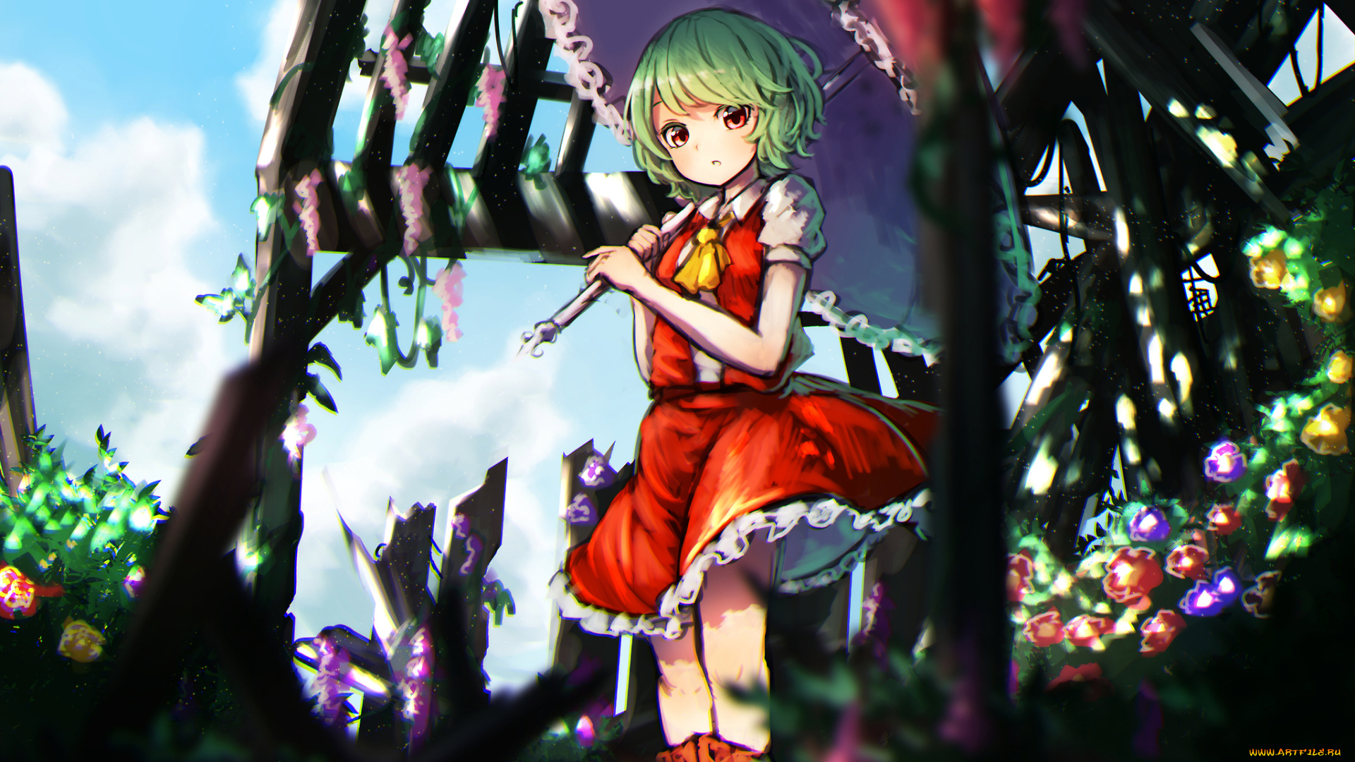 аниме, touhou, девочка, kazami, yuuka, pyonsuke0141, цветы, зонт, арт