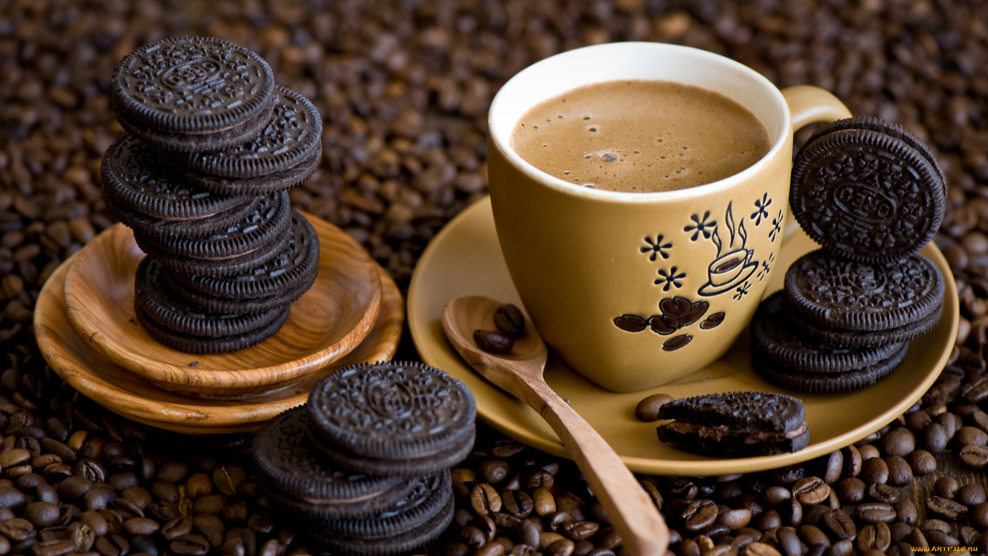 еда, кофе, , кофейные, зёрна, печенье, чашка