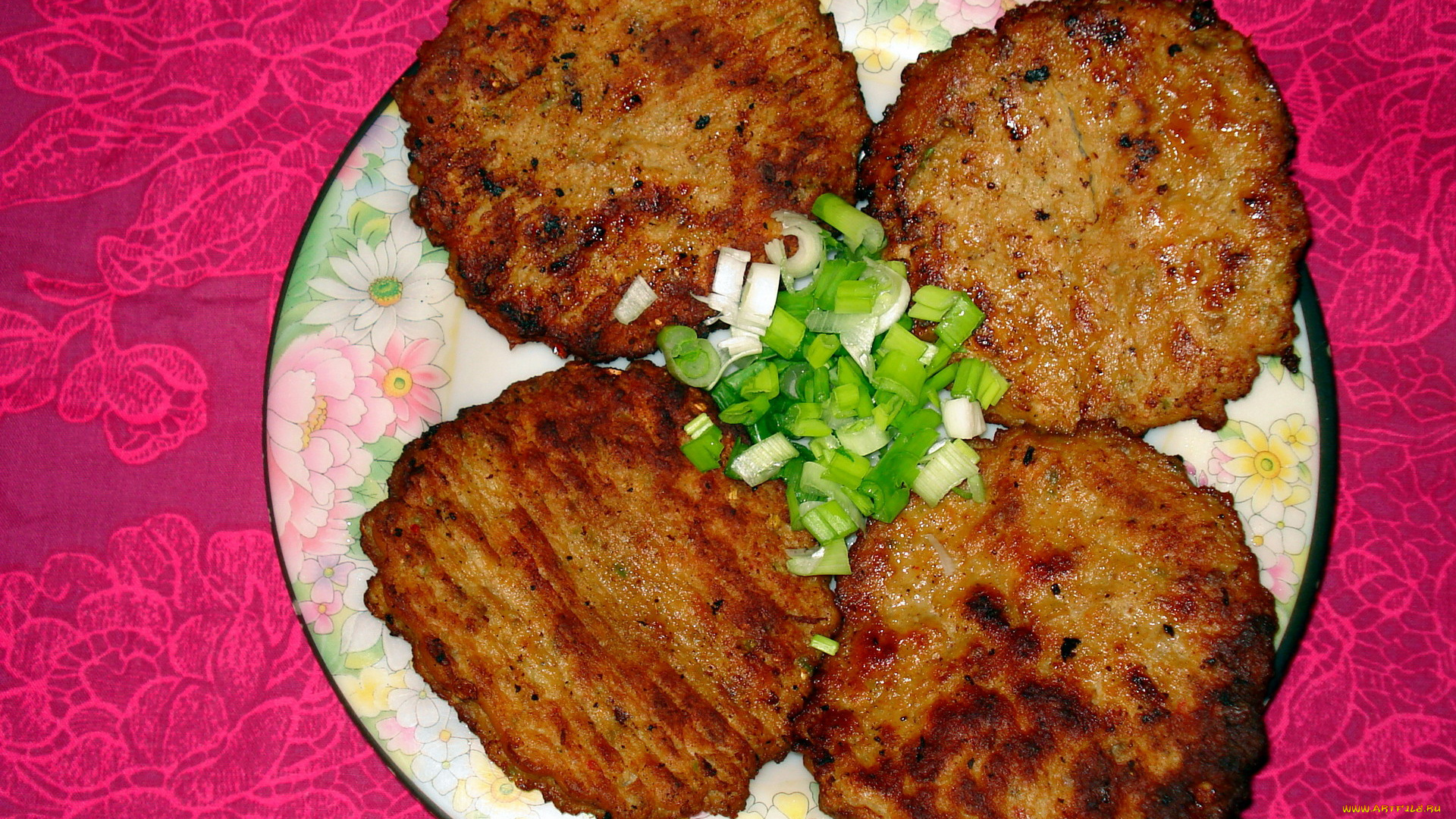 еда, мясные, блюда, лук, отбивные, зеленый