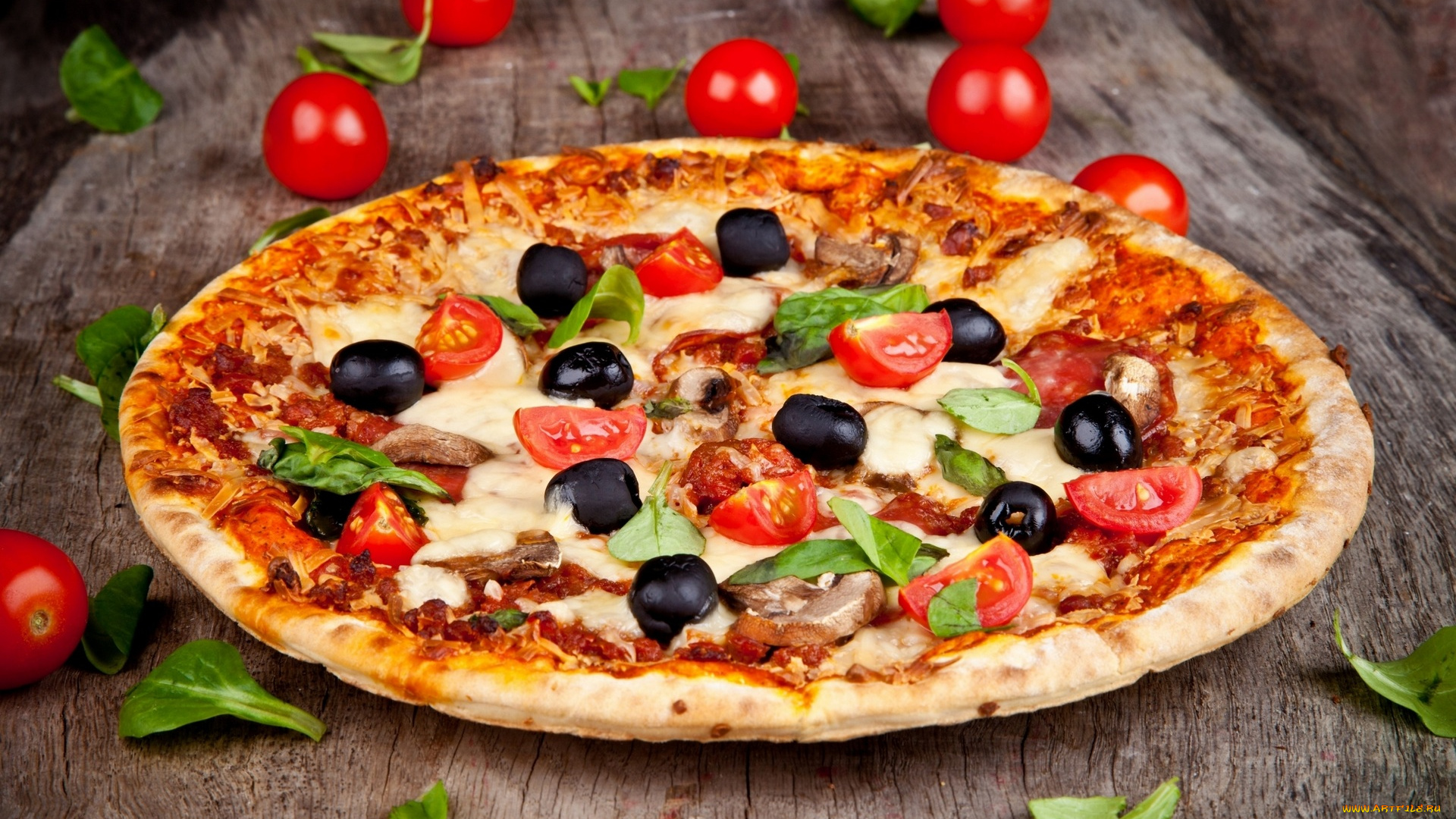 еда, пицца, томаты, листья, помидоры, доска