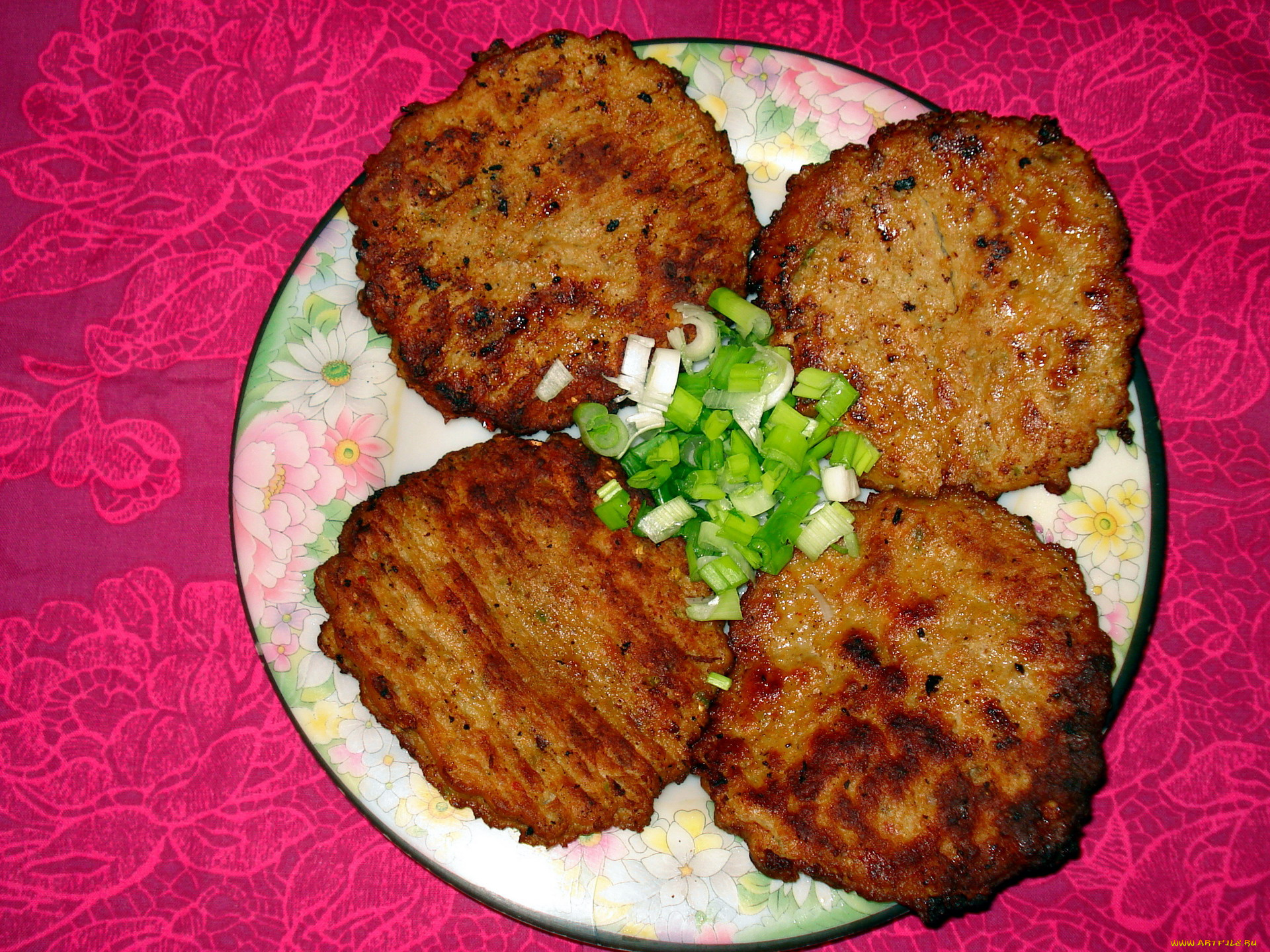 еда, мясные, блюда, лук, отбивные, зеленый