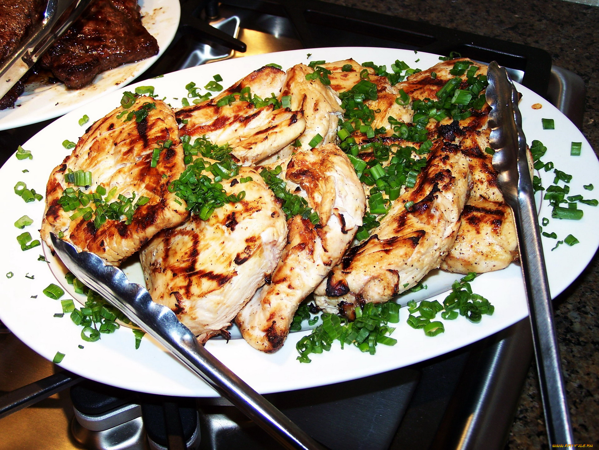 еда, мясные, блюда, зеленый, лук, отбивные