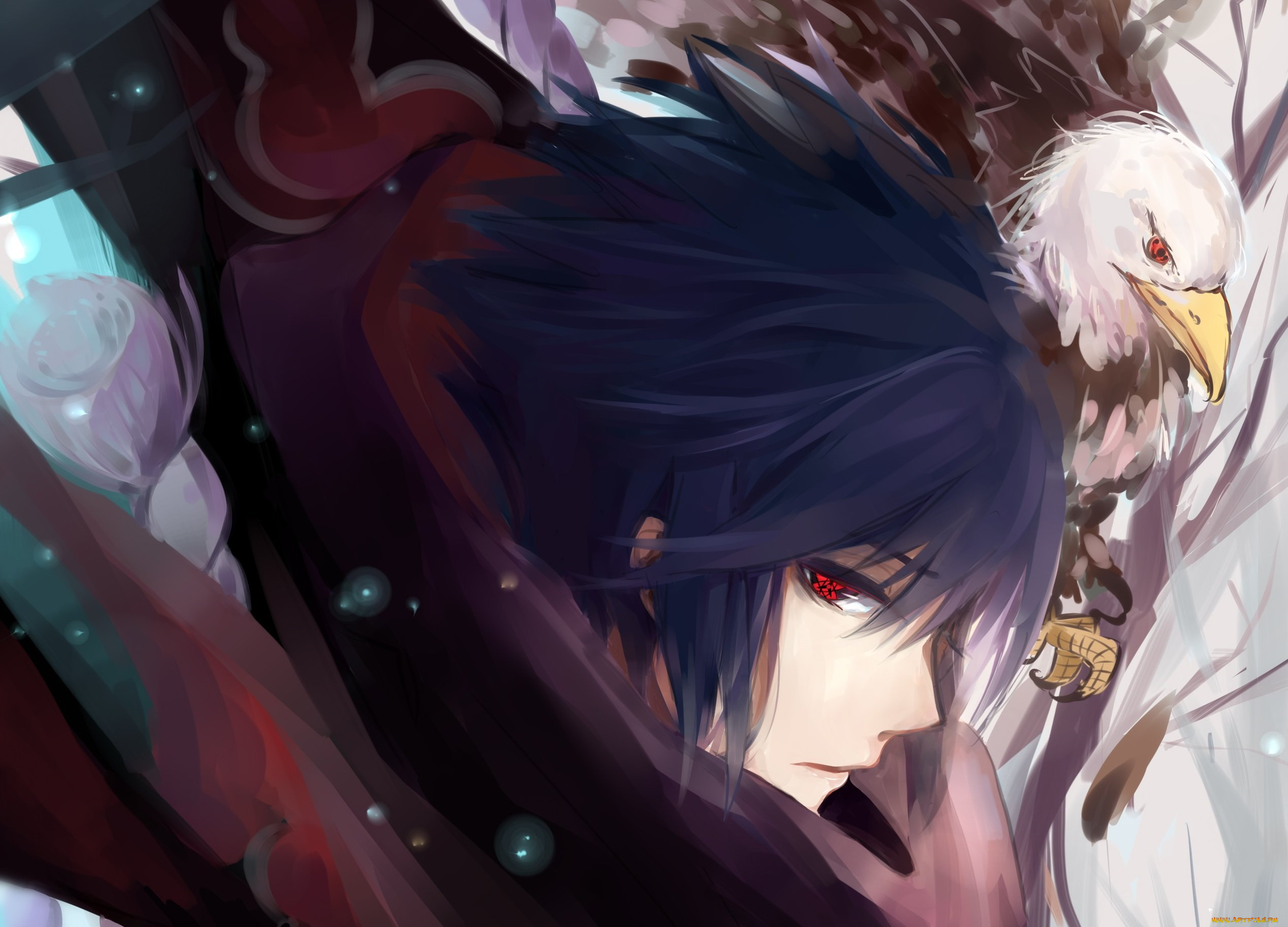 аниме, naruto, саске, шаринган, взгляд, птица